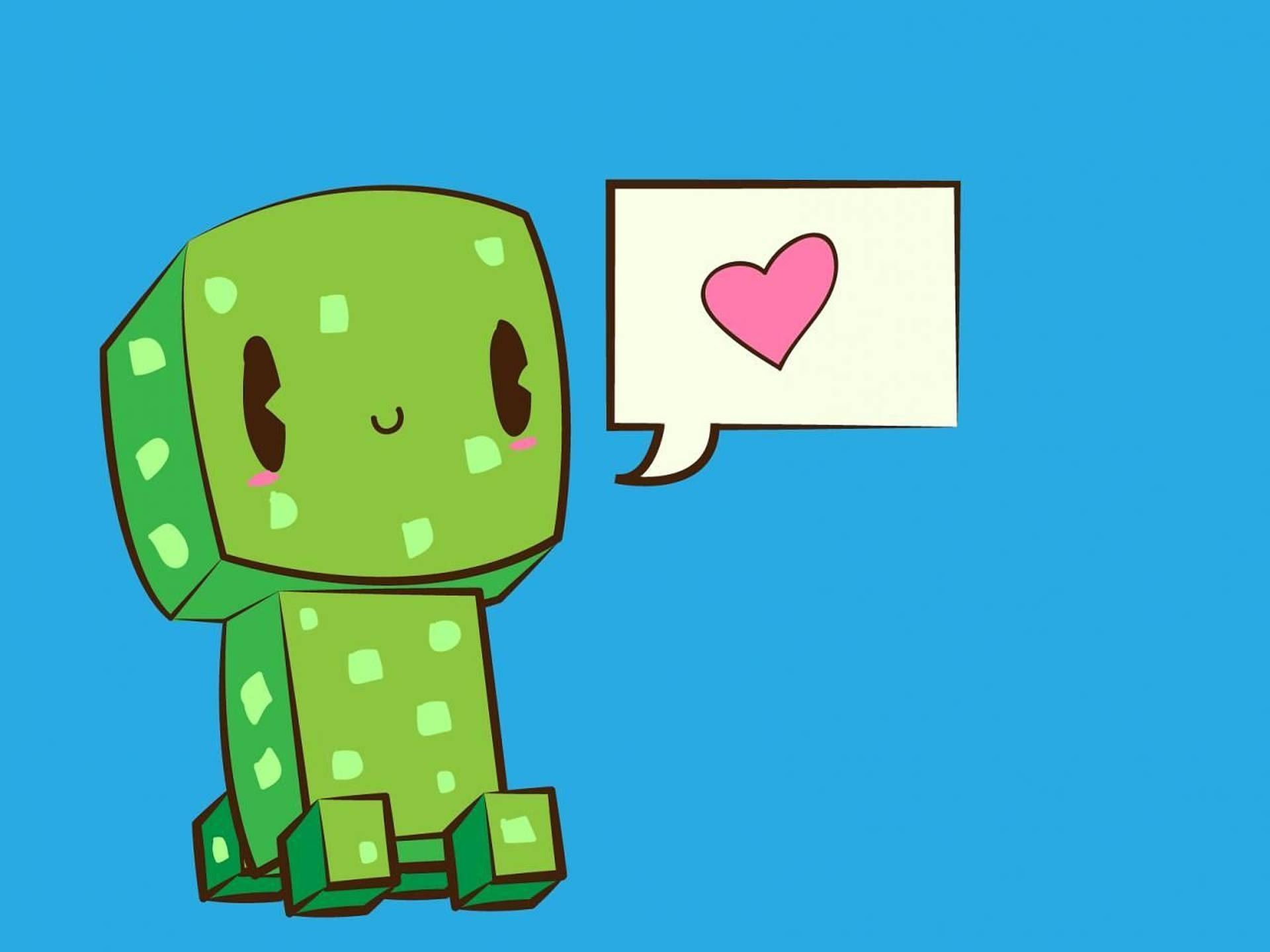 一個可愛的綠色 Minecraft Creeper，對話框中有一個粉紅色的心形。 — 粉紅色心形動圖 壁紙