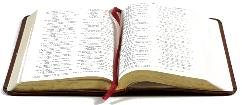 帶紅色書籤的聖經 壁紙 — 一本打開的書，白色頁面上有黑色文字和紅色書籤，背景為純黑色。