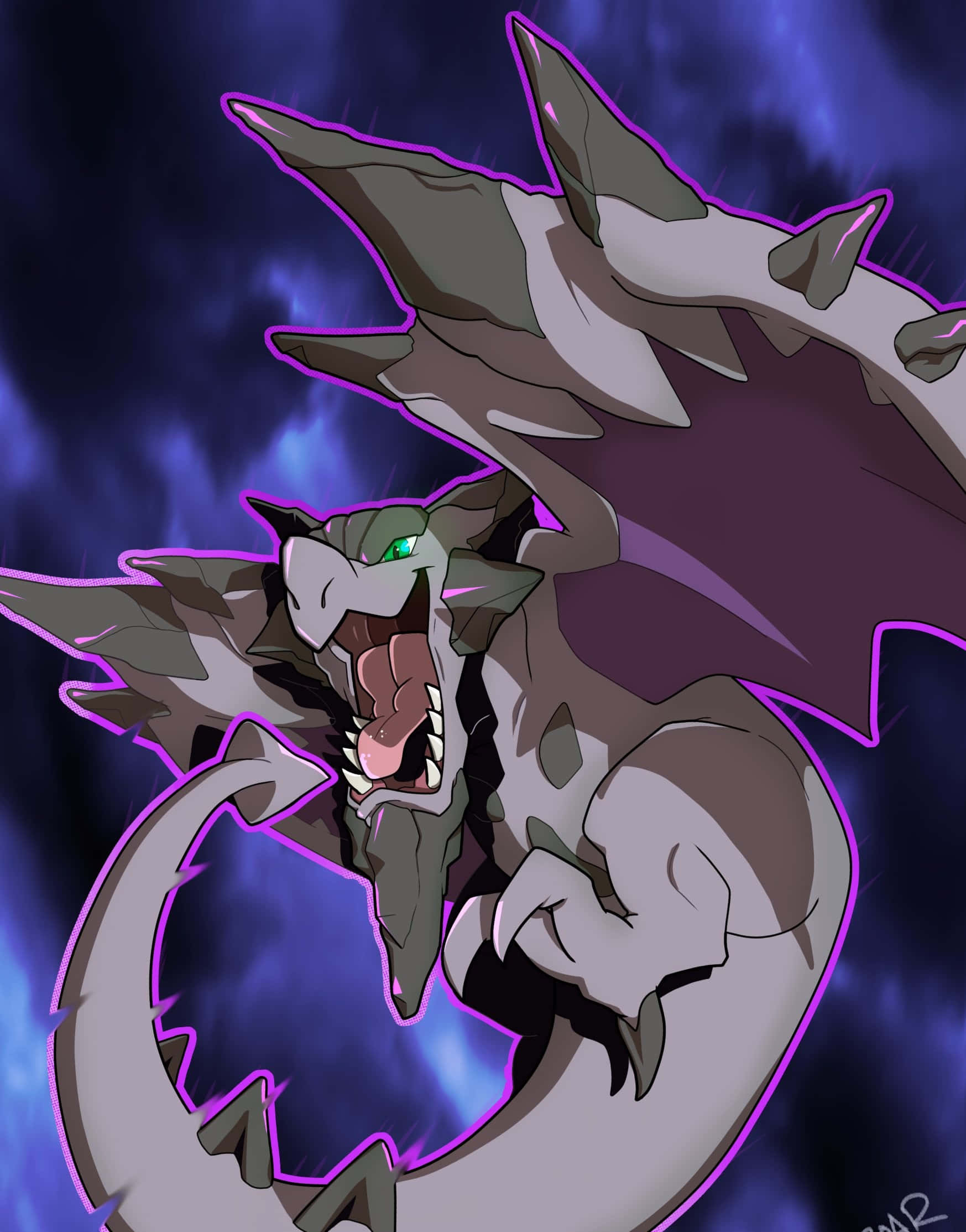 帶紫色光暈的超進化 Aerodactyl 壁紙 — 一條兇猛的龍，擁有發光的綠色眼睛和紫色光環，對著暴風雨的藍色天空咆哮。