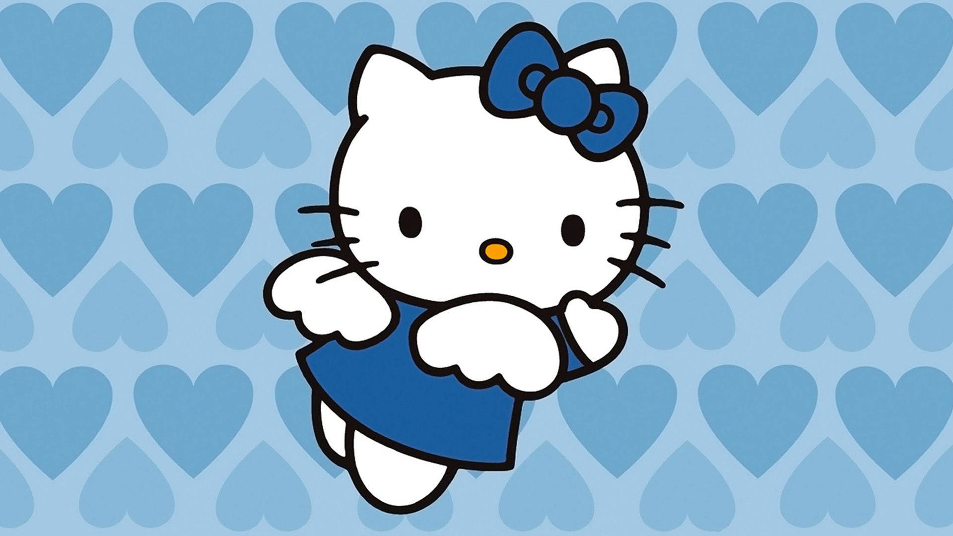 帶翅膀的Hello Kitty桌面壁紙 壁紙 — Hello Kitty 身穿藍色連衣裙和蝴蝶結，在藍色心形圖案背景前愉快地漂浮。