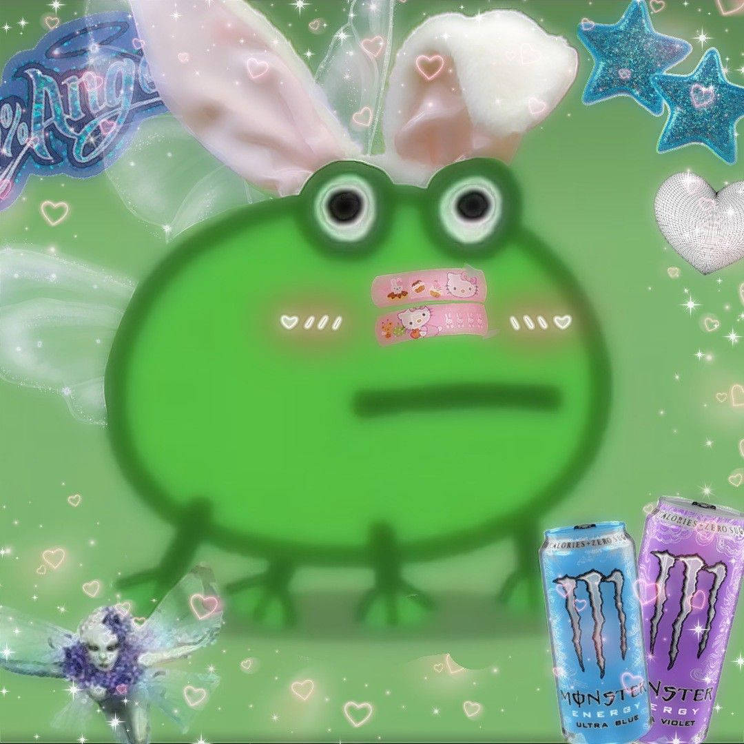 一隻卡通青蛙，長著兔耳朵和Hello Kitty繃帶，旁邊有Monster Energy飲料。