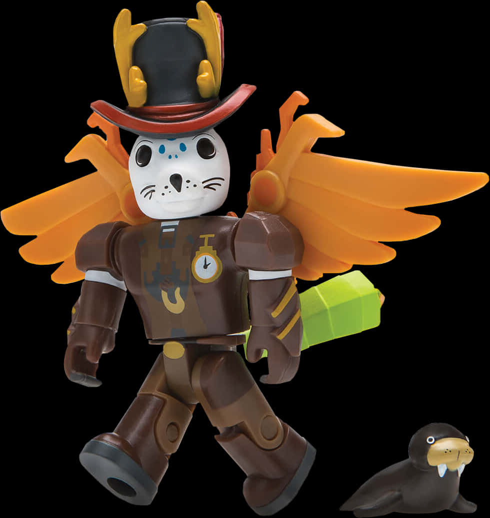 帶翅膀與海豹同伴的Roblox角色 壁紙 — 一個風格化的玩具人偶，戴著白色貓面具和橙色翅膀，戴著高頂帽，在黑色背景前拿著一個綠色方塊。