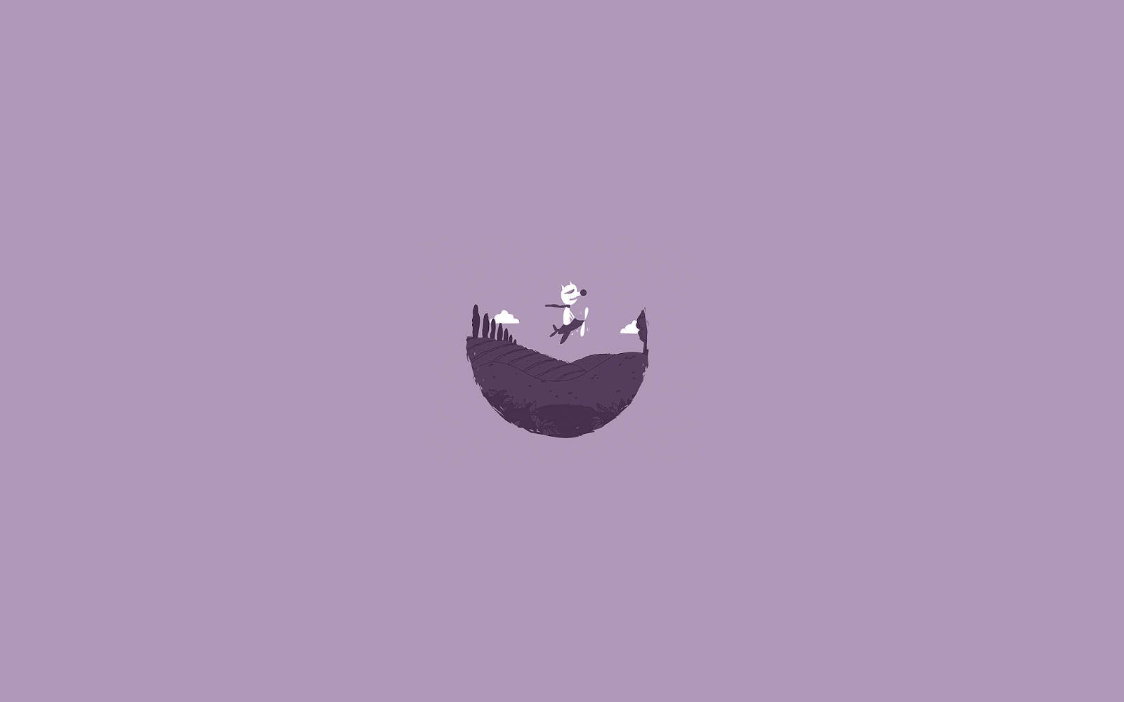 一個白色小人站在彎曲的紫色陸地上，背景為薰衣草色。