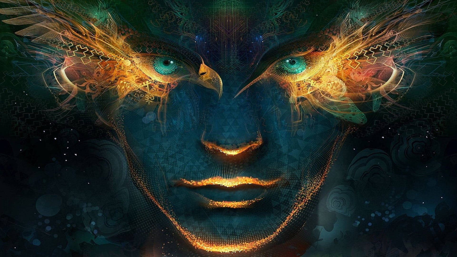 帶翼雙眸 壁紙 — 一張宇宙面孔，帶有發光的藍綠色眼睛和火熱的金色羽毛，從黑暗的星空虛空中浮現。