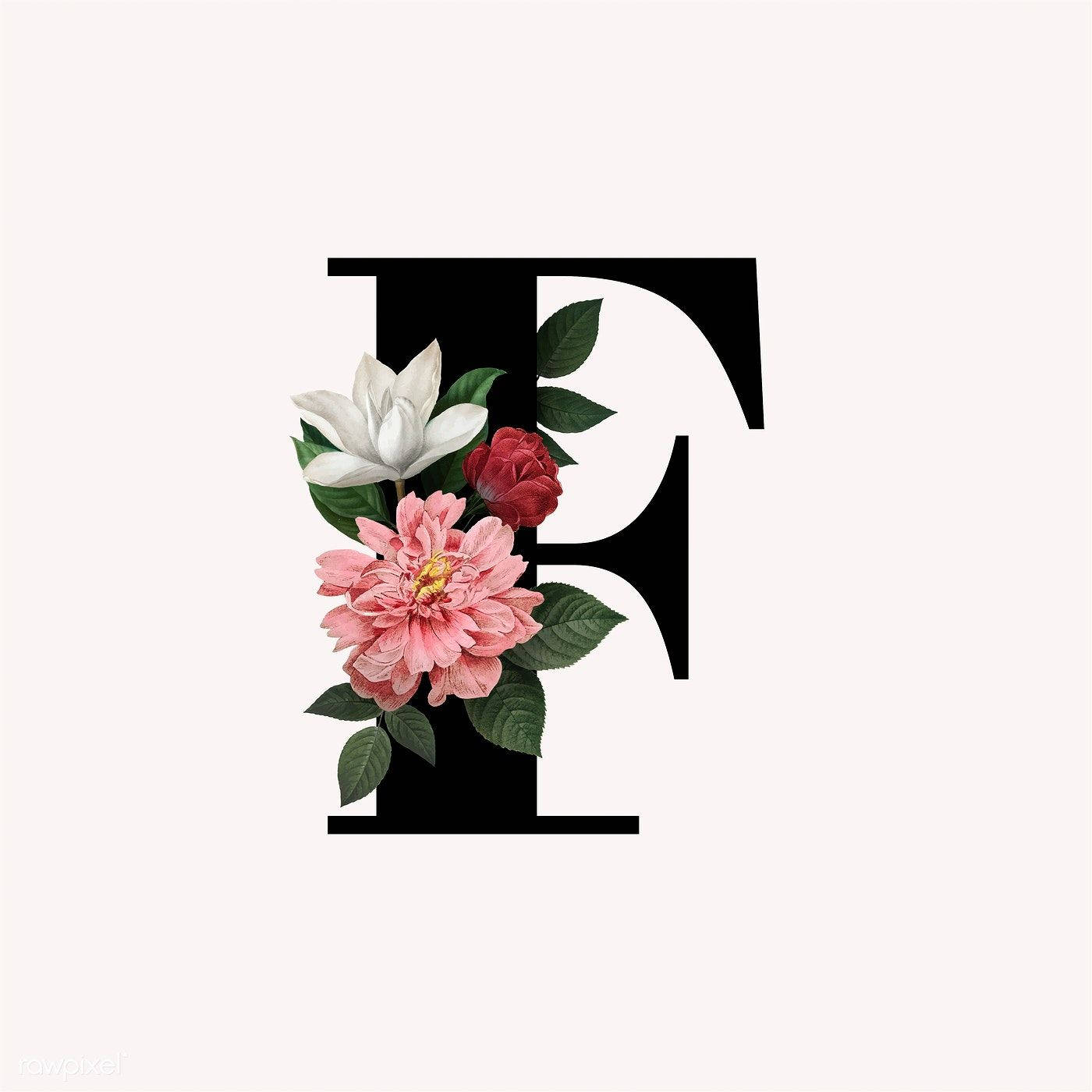 黑色字母F裝飾有粉紅色、白色和紅色的花朵以及綠色的葉子。