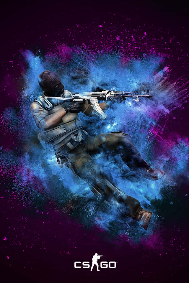 CS:GO士兵在宇宙藍色和紫色爆炸中開火步槍