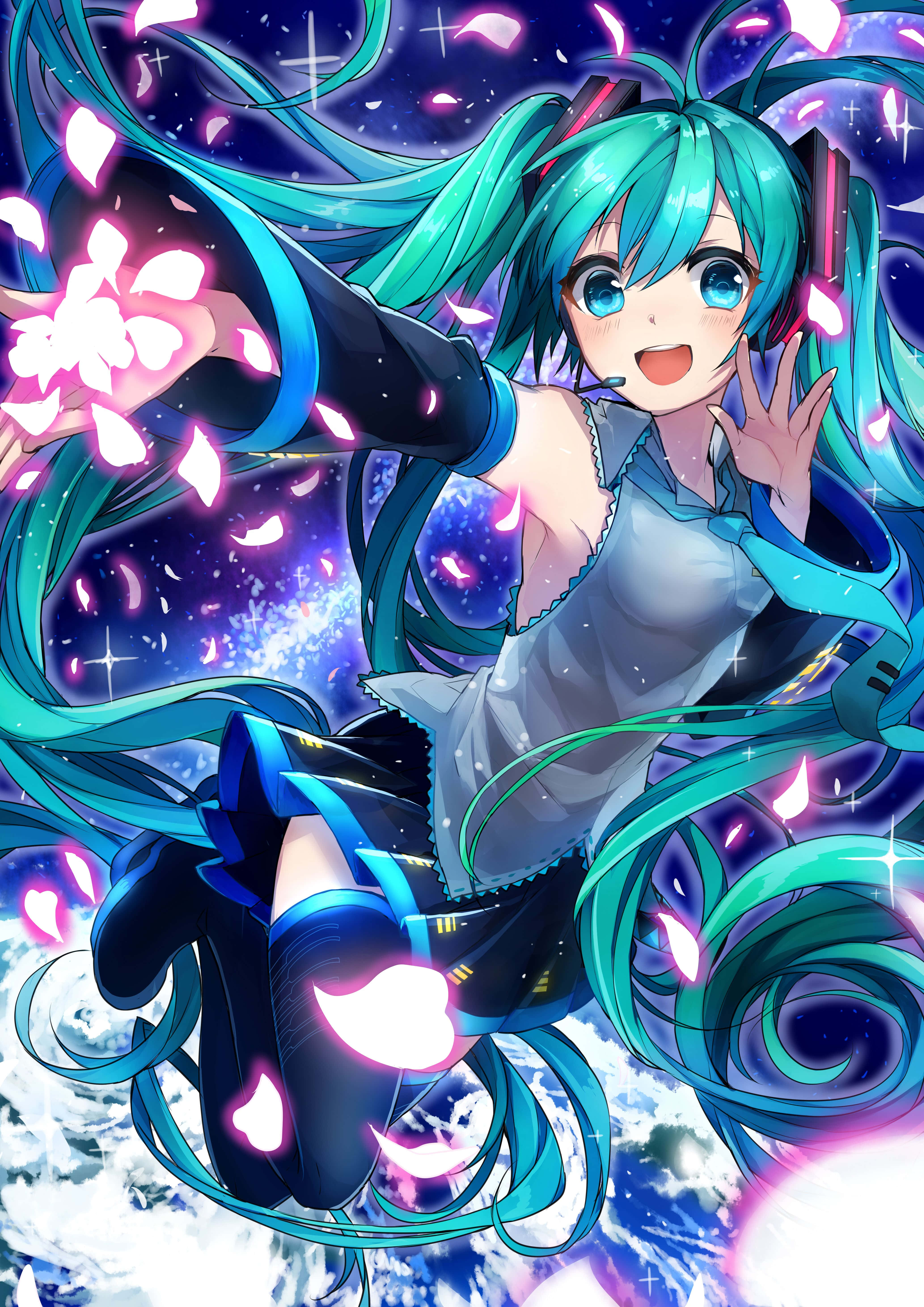 帶著你的動漫熱愛隨處走，初音未來專屬手機 壁紙 — 動畫女孩，擁有藍綠色頭髮和發光的粉紅色櫻花，漂浮在星空宇宙背景上。