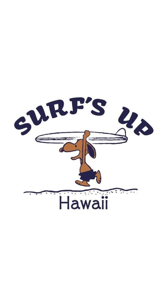 卡通狗拿著衝浪板，附有「Surf's Up Hawaii」文字。