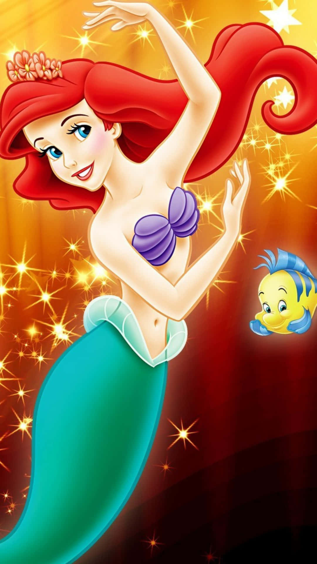 美人魚愛麗兒與她的魚朋友小比目魚在閃爍的海洋場景中跳舞。
