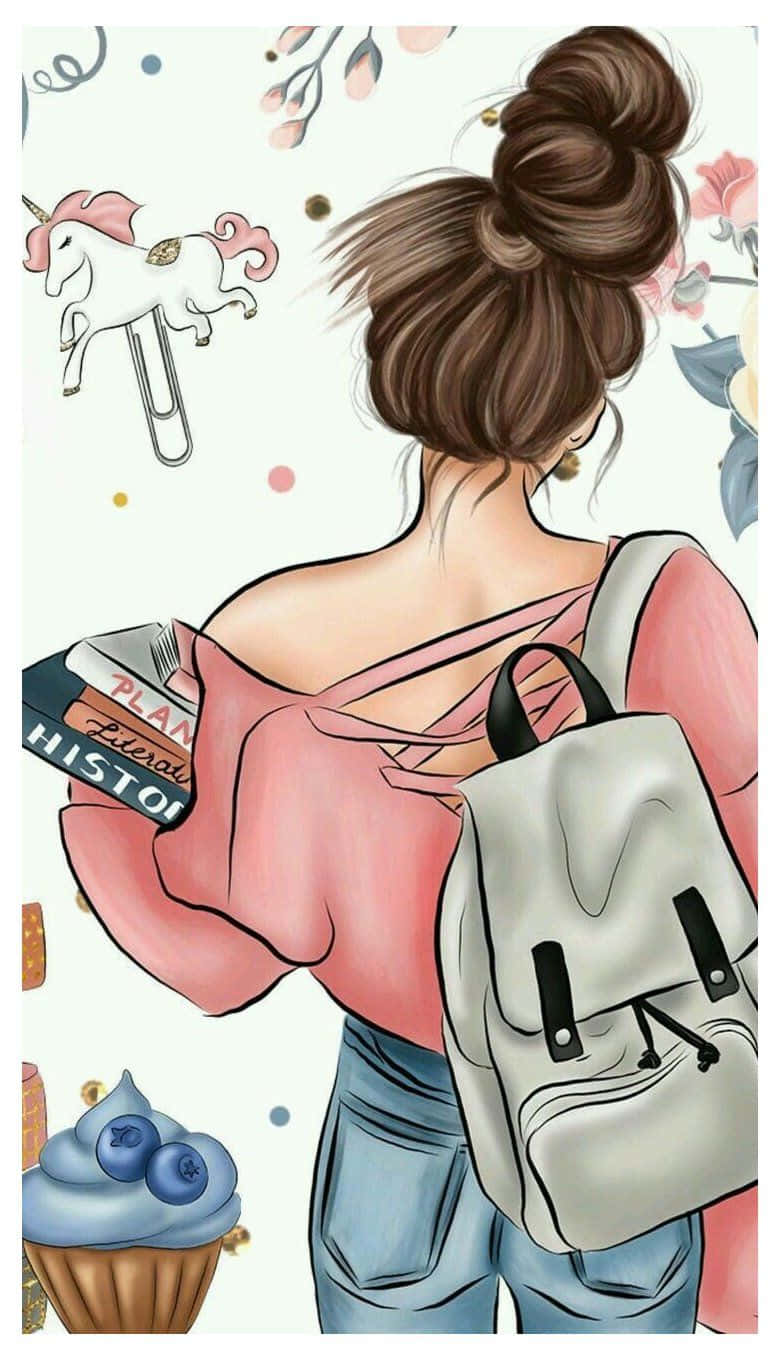 背著背包和書本的女孩，周圍有漂浮的獨角獸和杯子蛋糕。