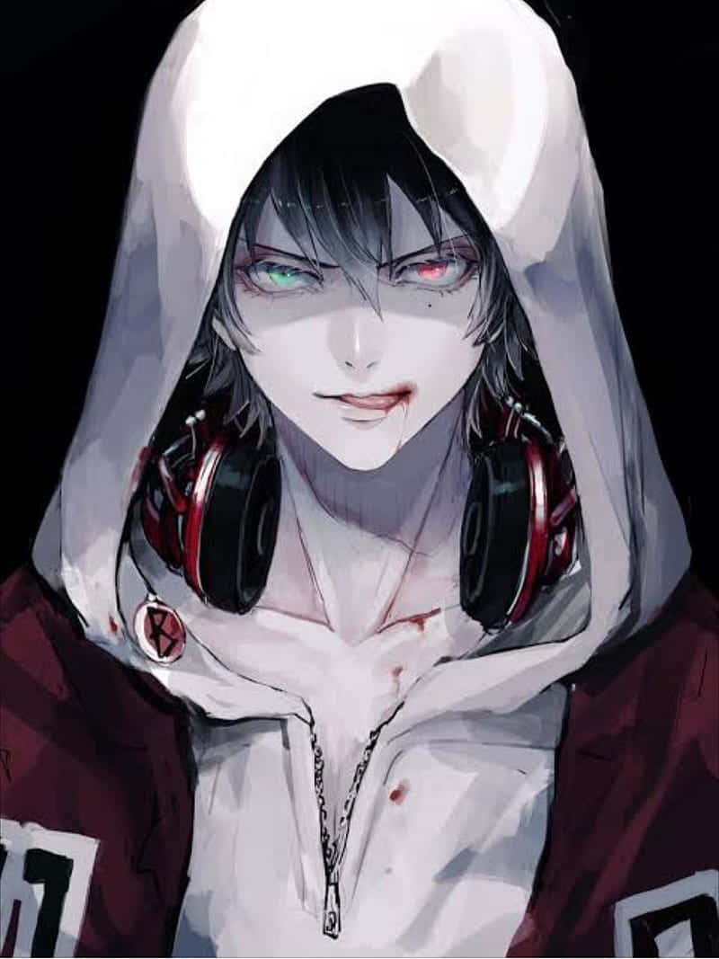 帶著迷人微笑的年輕動漫男孩 壁紙 — 一個年輕的動漫角色，穿著白色連帽衫和紅色耳機，眼睛顏色不同，夾克上有血跡。
