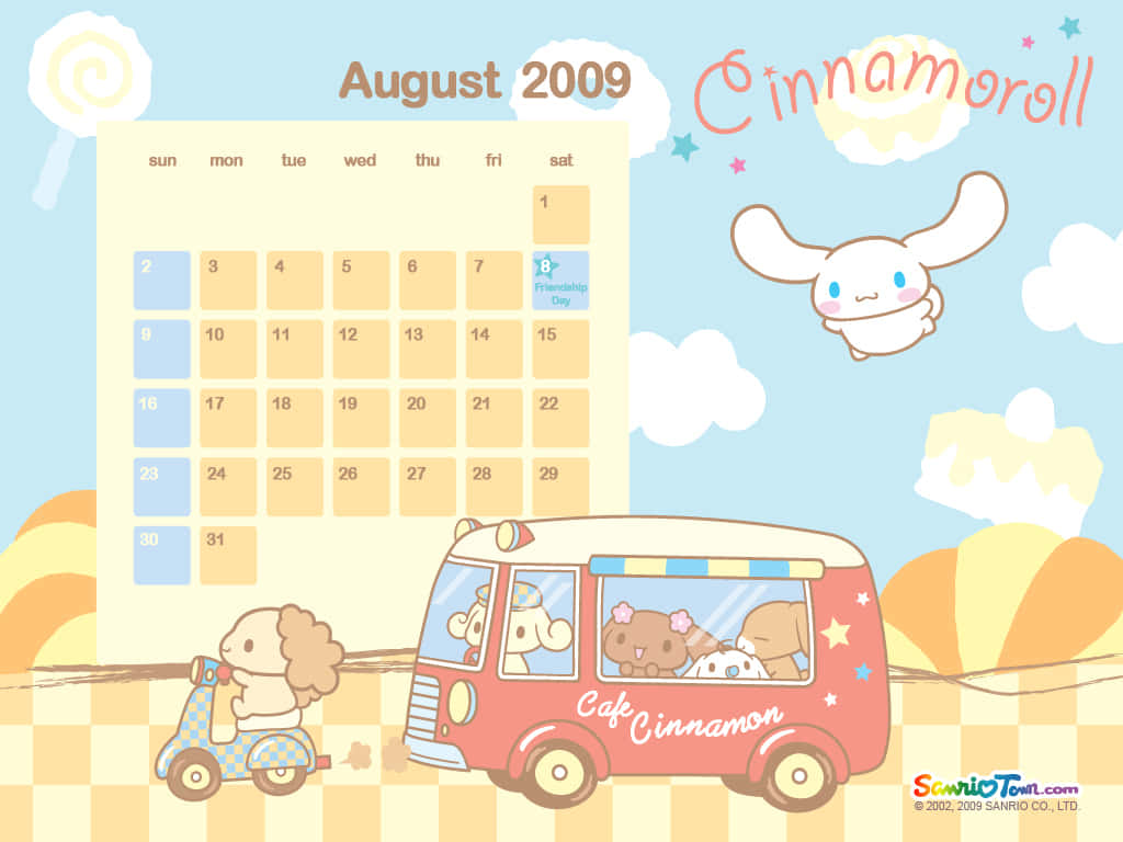 Cinnamoroll同朋友喺粉紅色咖啡車入面，背景係開心嘅粉彩色。