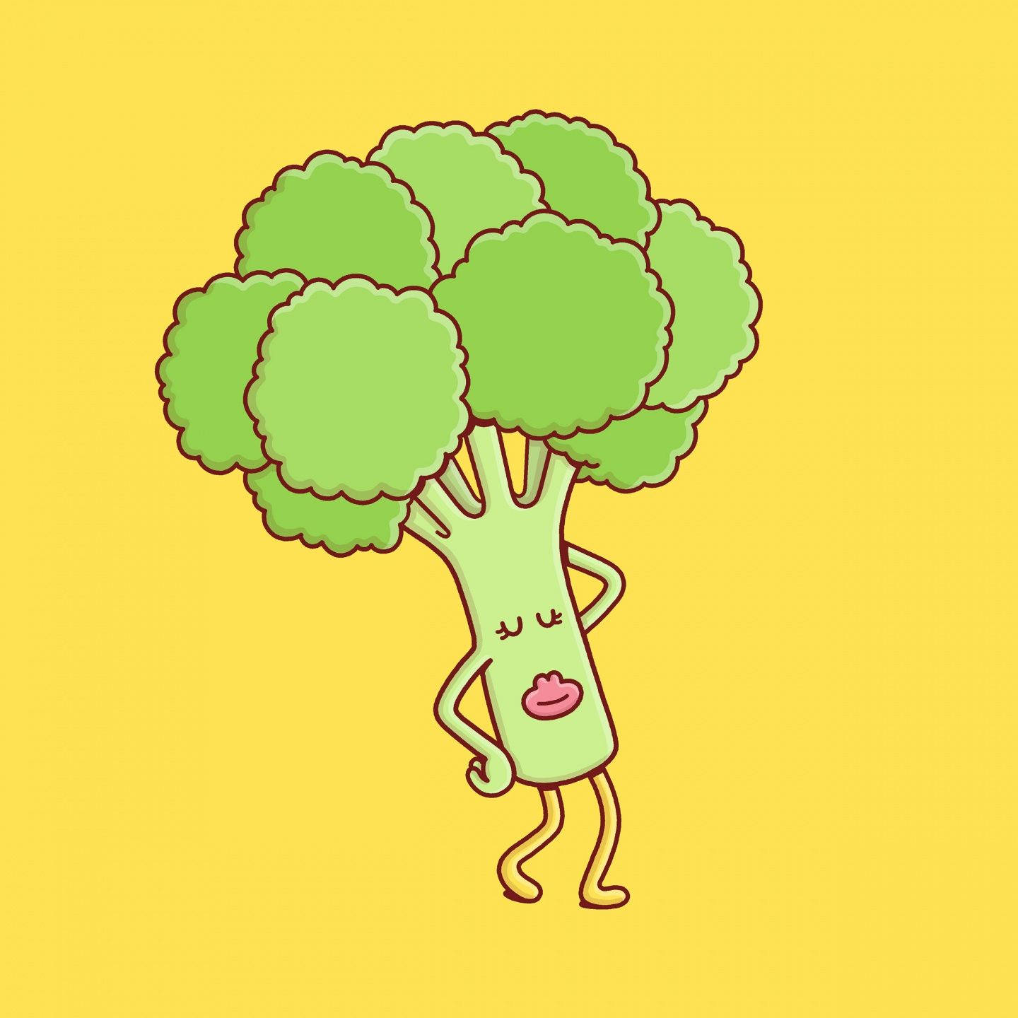 帶討厭臉的西蘭花 壁紙 — 一個快樂的卡通西蘭花，有手臂、腿和微笑，自信地站在純黃色背景上。