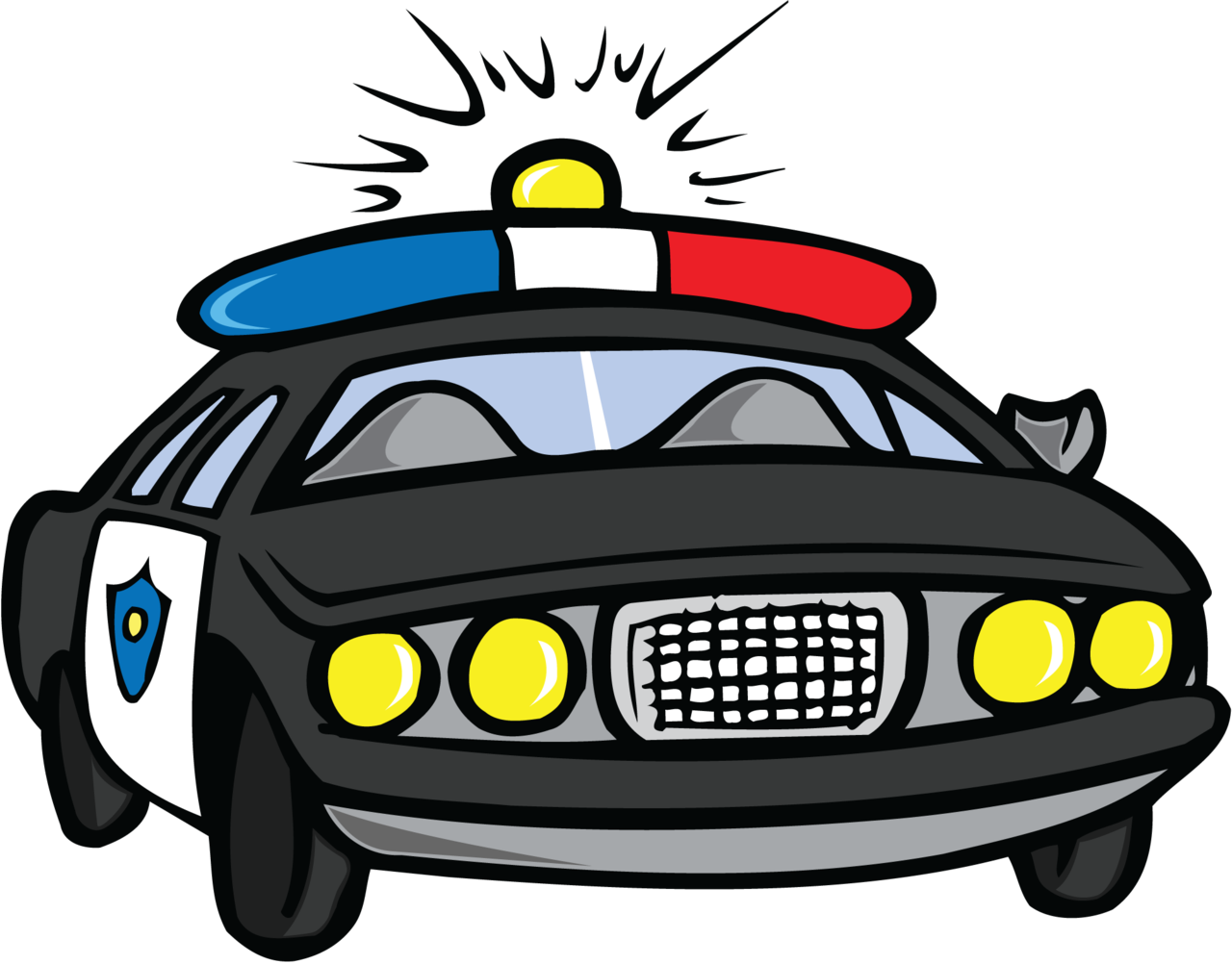 帶警報器的卡通警車 壁紙 — 一輛卡通警車，帶有紅、藍、白燈和黃色頭燈，背景為黑色。