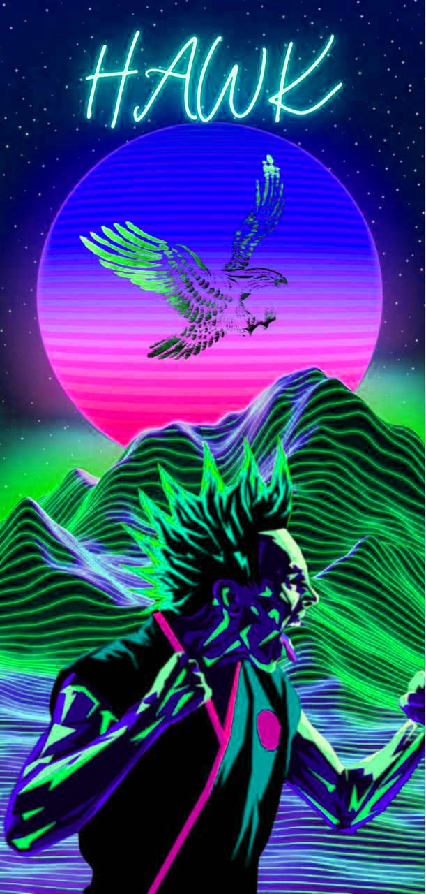一個風格化的尖髮人物仰望一隻發光的鷹在霓虹太陽前飛翔。