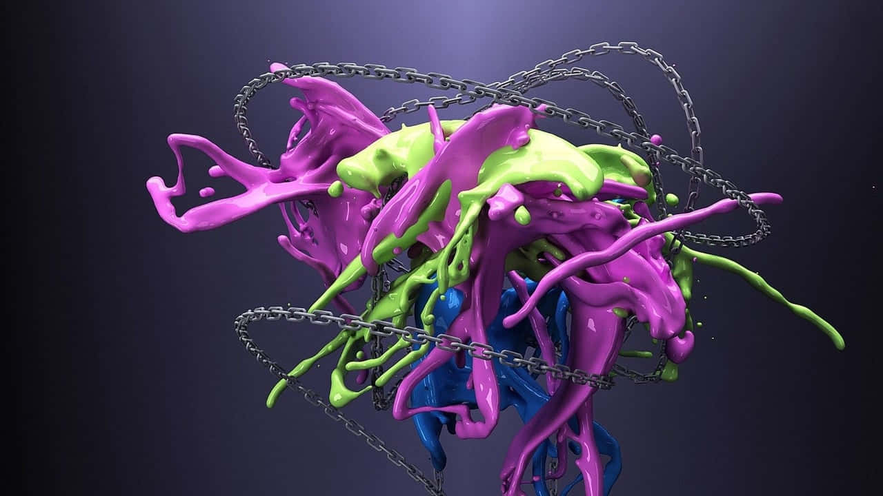 色彩繽紛的油漆飛濺包裹在金屬鏈條中的抽象 3D 渲染。