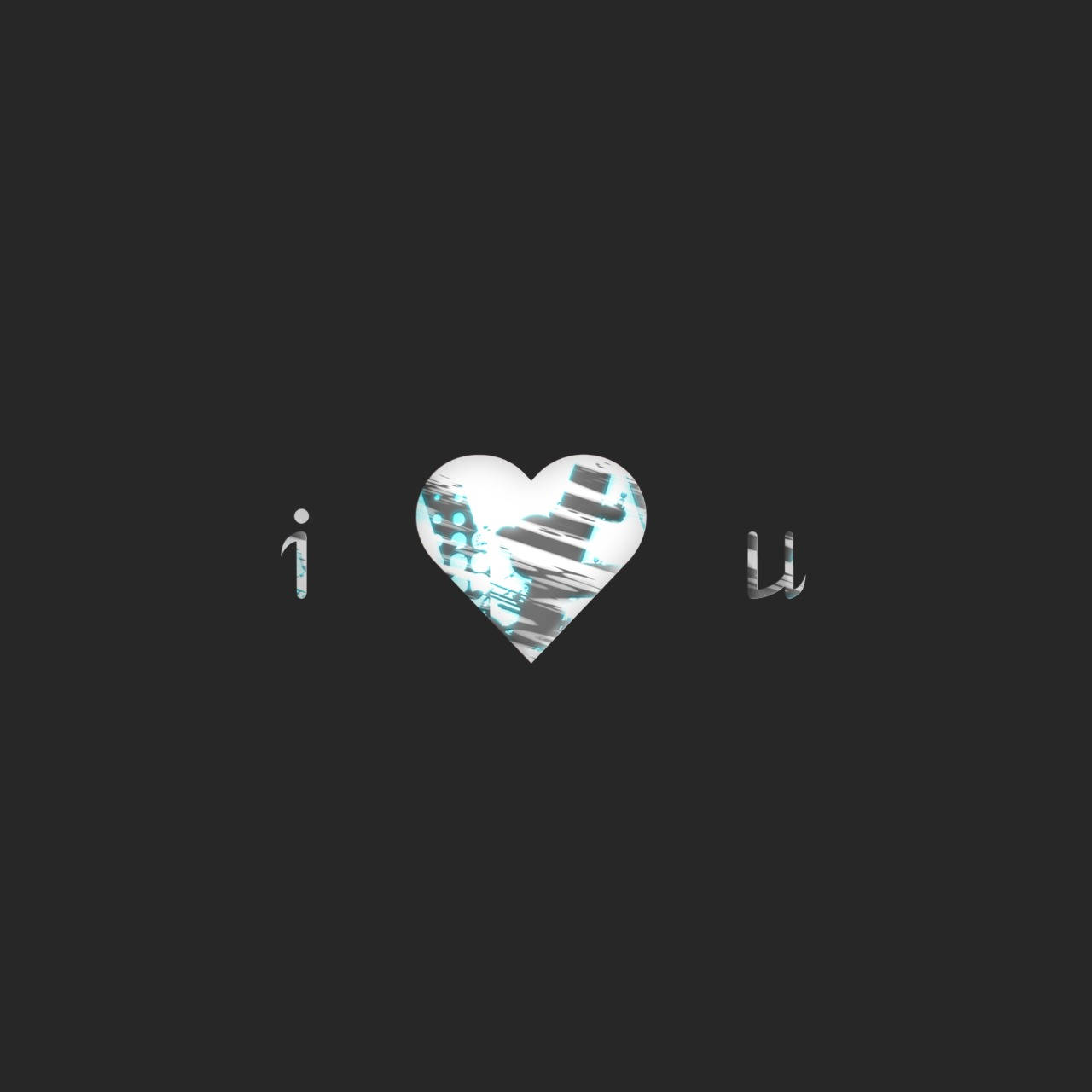 帶陰影的白色心形 壁紙 — 在深色背景上，一個故障心臟取代了「i love u」中的「愛」符號。