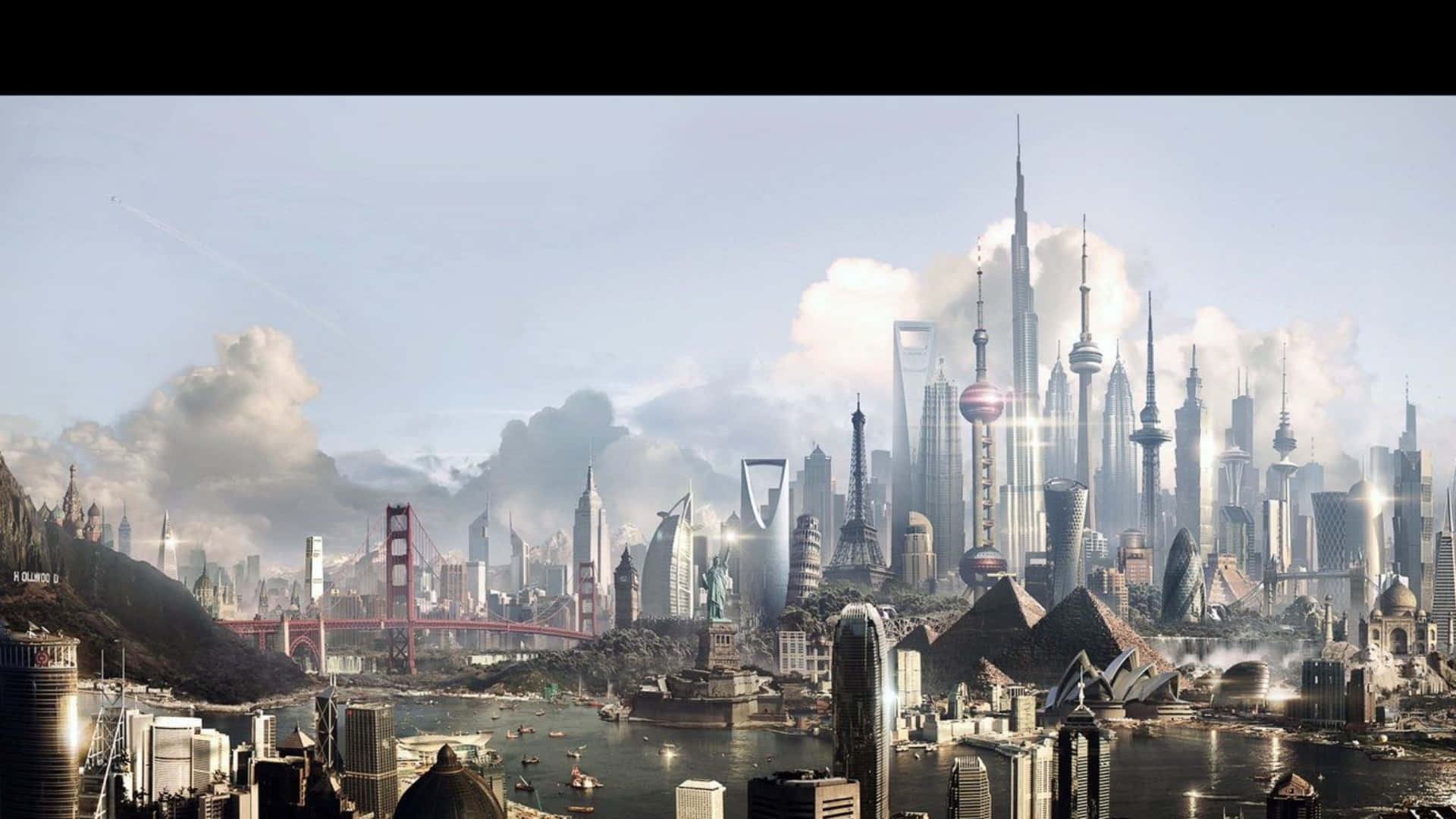 未來城市景觀在陰雲天空下融合全球地標