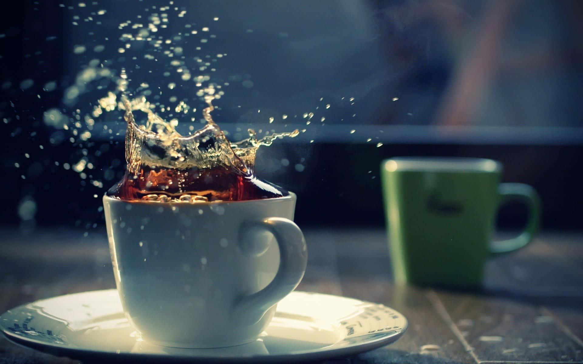 帶飛濺的茶杯圖 壁紙 — 白色咖啡杯中的深色液體動態飛濺，碟子上，背景有綠色杯子模糊不清。
