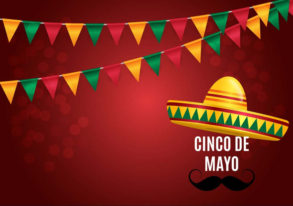 帶鬍鬚的紅色美學 Cinco de Mayo 背景 壁紙 — 充滿活力的 Cinco de Mayo 慶祝活動，色彩繽紛的三角旗幟和傳統墨西哥闊邊帽在濃郁的紅色背景襯托下。