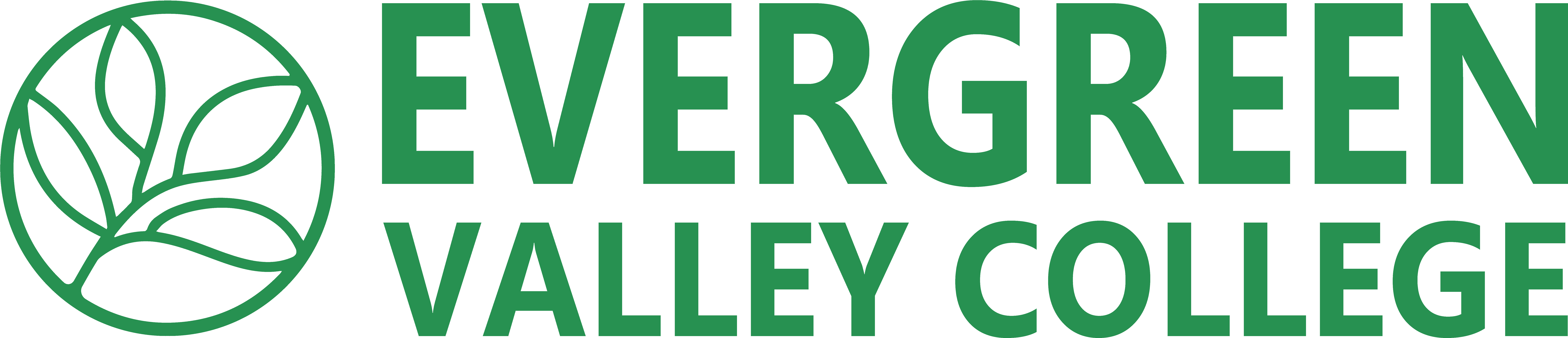 常綠谷學院標誌 壁紙 — 黑色背景上帶有葉子標誌的 Evergreen Valley College 綠色標誌。