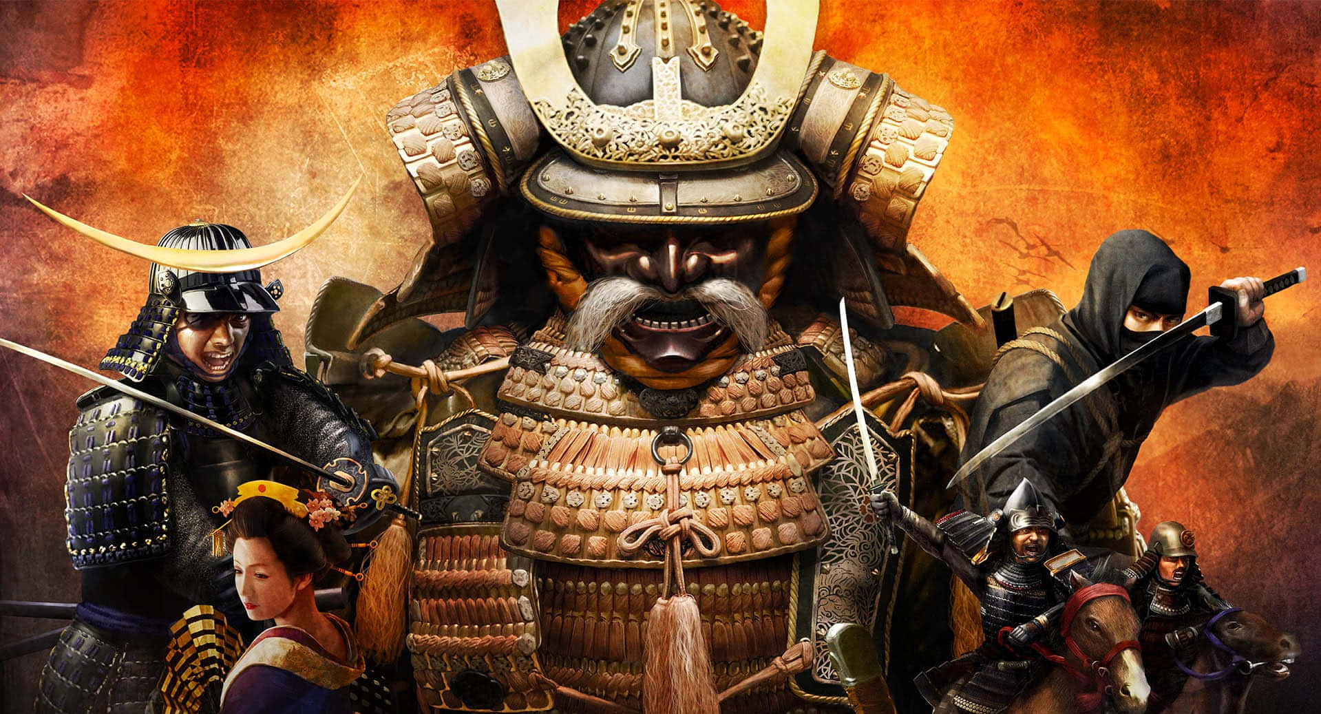 武士和忍者戰士在戰鬥中，一位跪著的女子在火紅的橙色背景中。