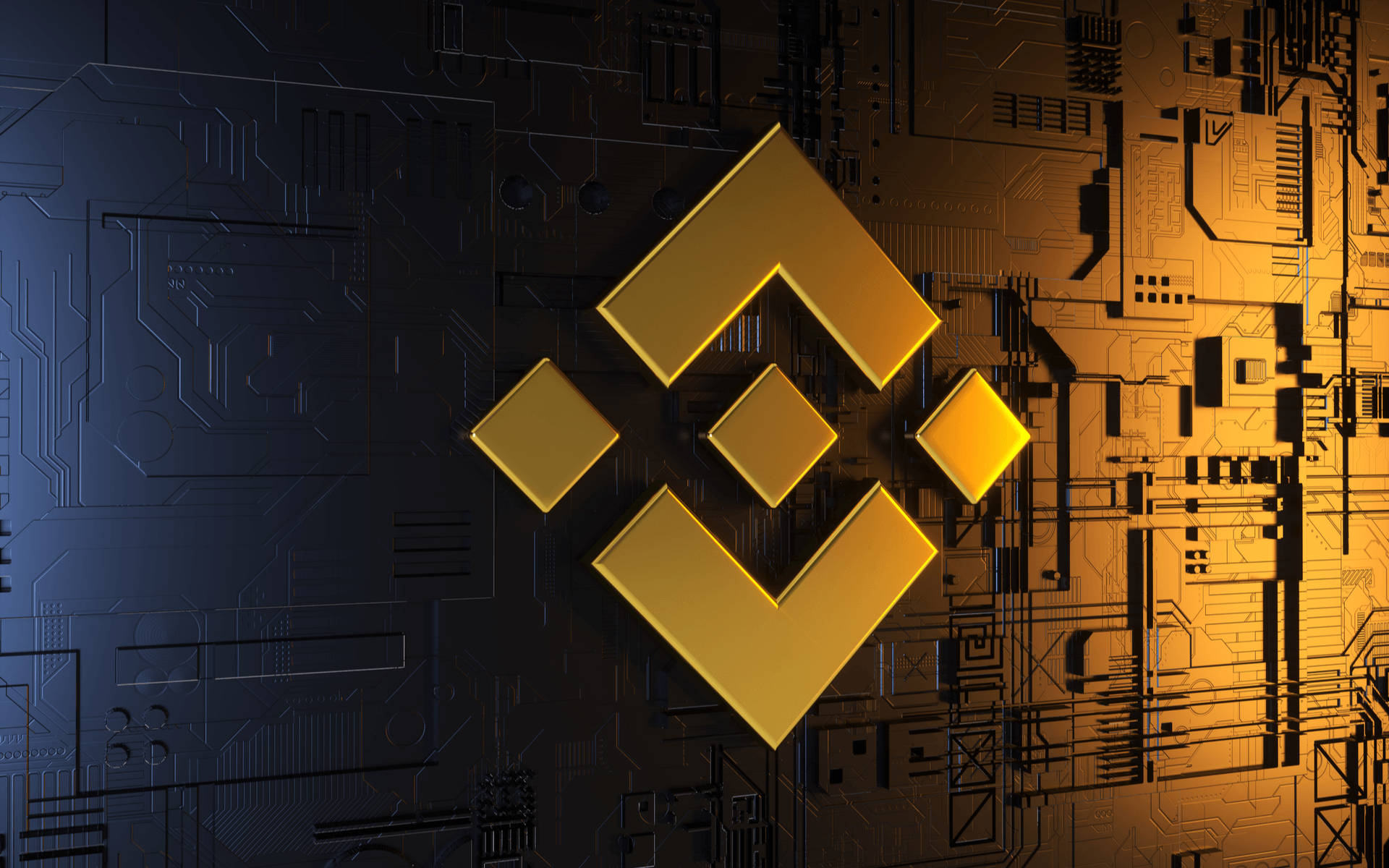 幣安現代科技風格 壁紙 — 一個發光的金色 Binance 標誌，位於詳細的電路板中央，帶有從深藍色到暖金色的漸變照明。