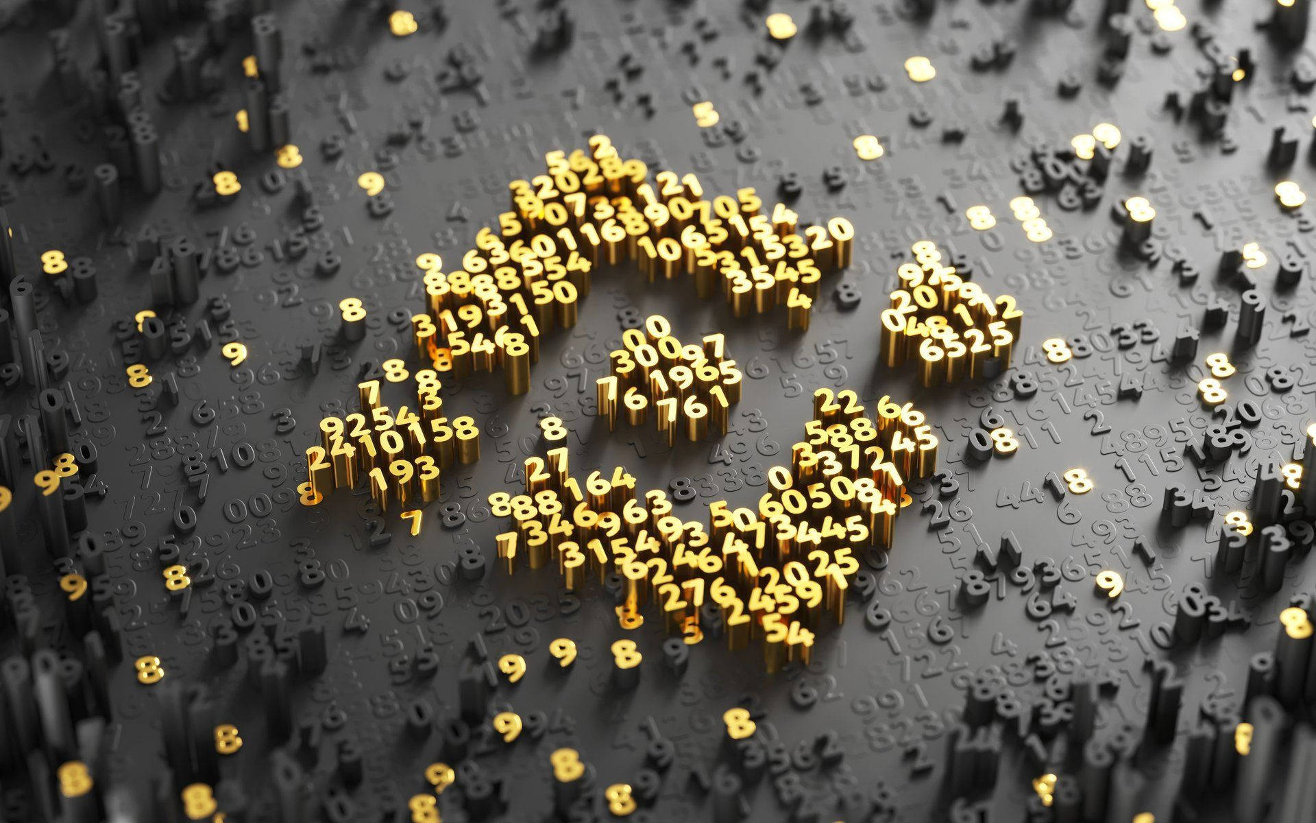 幣安金色數字 壁紙 — 由3D數字組成的金色比特幣符號，在黑暗表面上從黑色和金色數字場中升起。