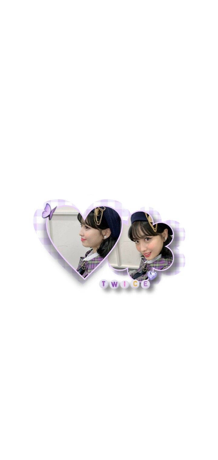兩個心形照片，一個微笑的女孩帶有紫色蝴蝶和「TWICE」文字。