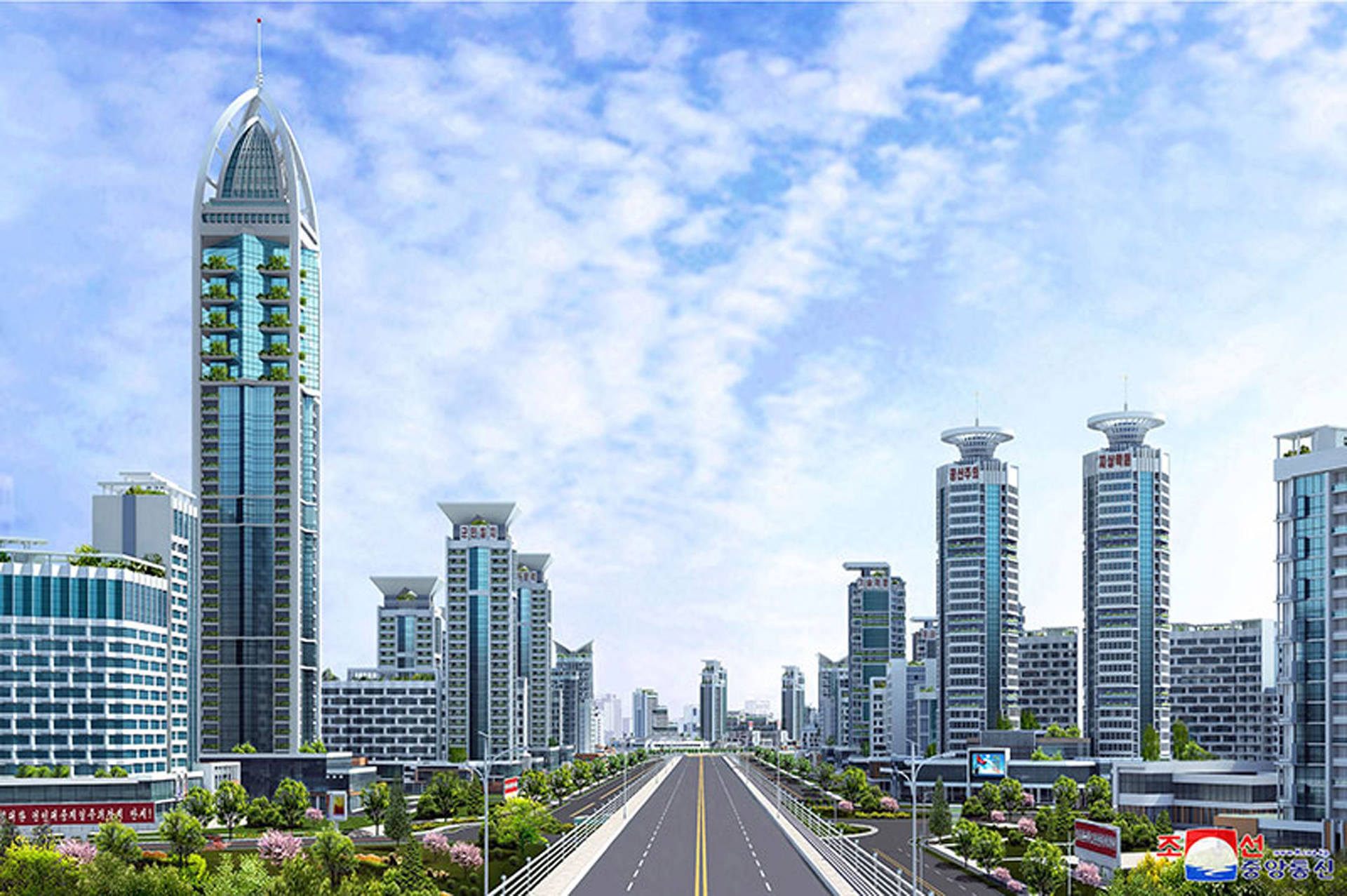 一條筆直的道路穿過現代城市，兩旁是高聳的玻璃建築和綠樹，天空湛藍。