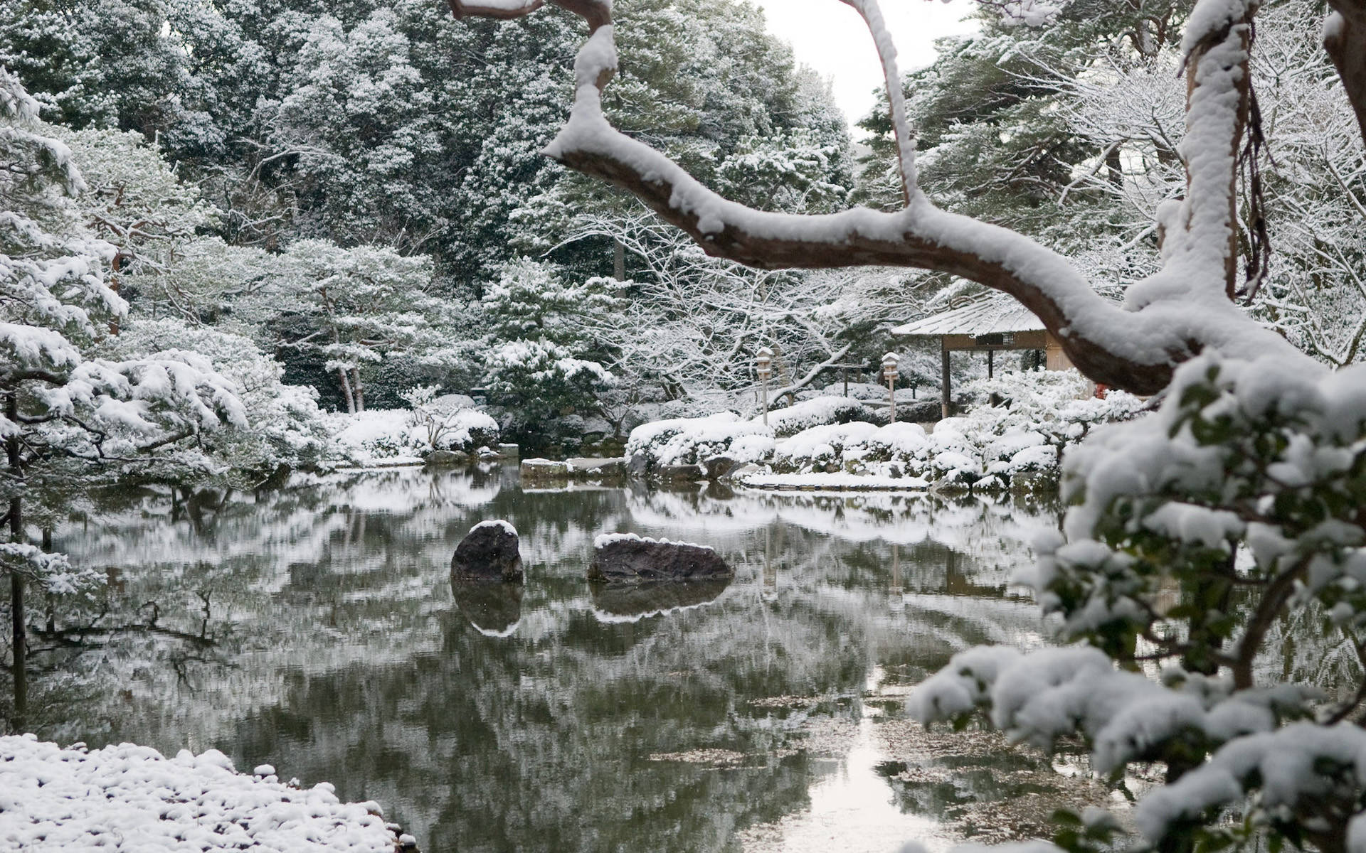 平安神宮冬日桌面壁紙 壁紙 — 一個寧靜的冬季花園池塘，在柔和陰天光線下倒映著積雪的樹木和岩石。