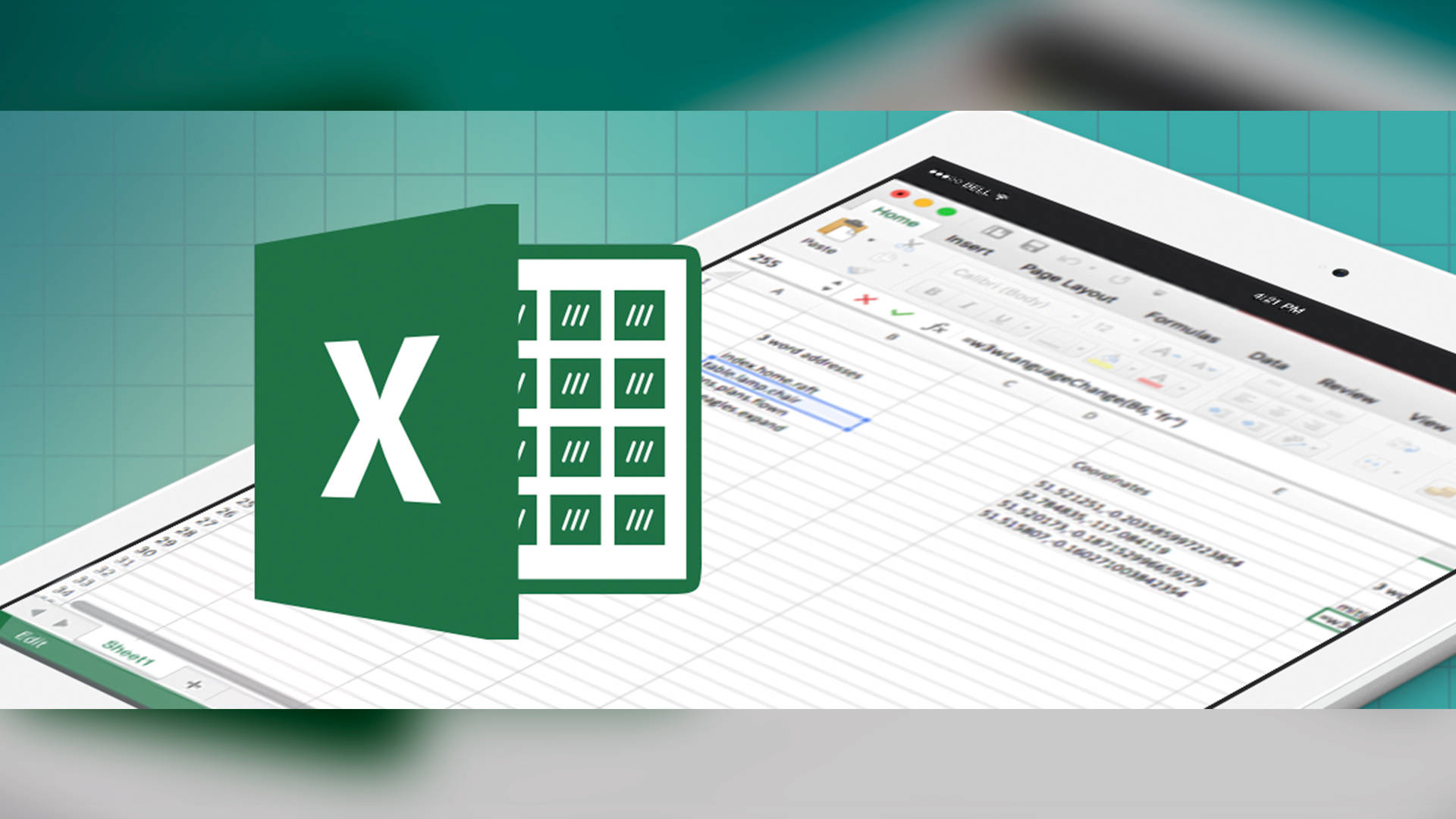 平板上的Excel電子表格應用程式 壁紙 — 平板電腦顯示一個開啟的 Excel 試算表，一個大型綠色 Excel 標誌覆蓋在儲存格網格上。