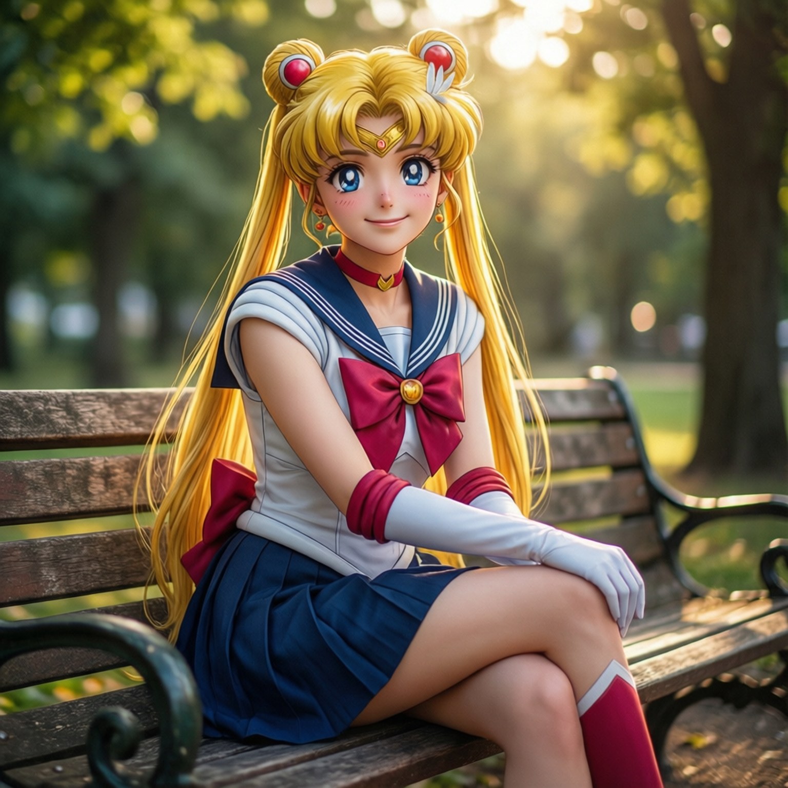 動畫角色穿著水手服坐在公園長椅上，陽光穿過樹木。