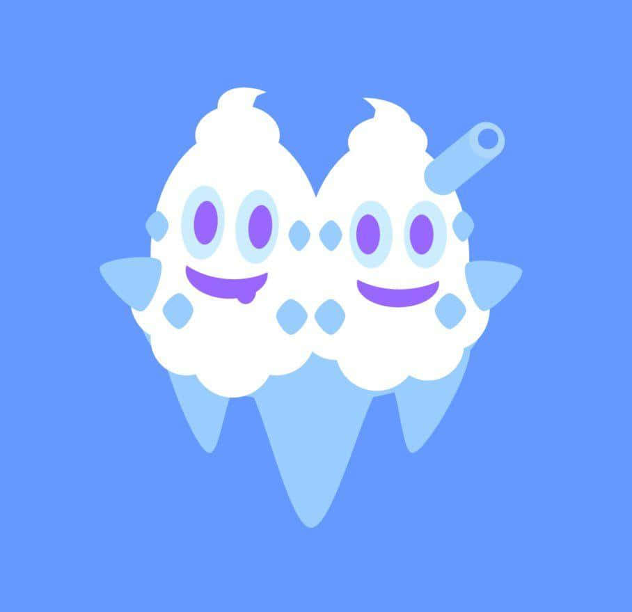 平版風格的寶可夢 Vanilluxe 向量藝術 壁紙 — 兩個微笑的牙齒形狀卡通角色，帶有紫色眼睛和淺藍色點綴，漂浮在純藍色背景上。
