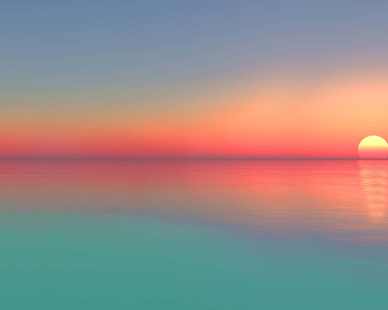 Sunset Ocean 桌布 壁紙 — 平靜水面上寧靜的日落，天空由橙色漸變至藍綠色。
