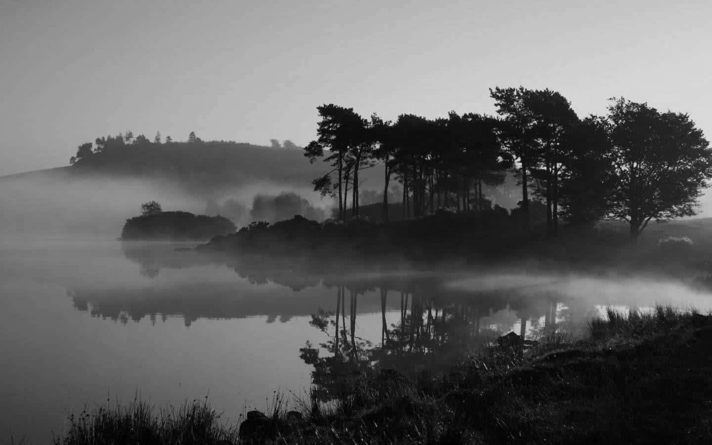 Black And White Landscape 桌布 壁紙 — 平靜湖面上的霧氣黎明，水中倒映的樹木剪影和逐漸消失在霧中的山丘。