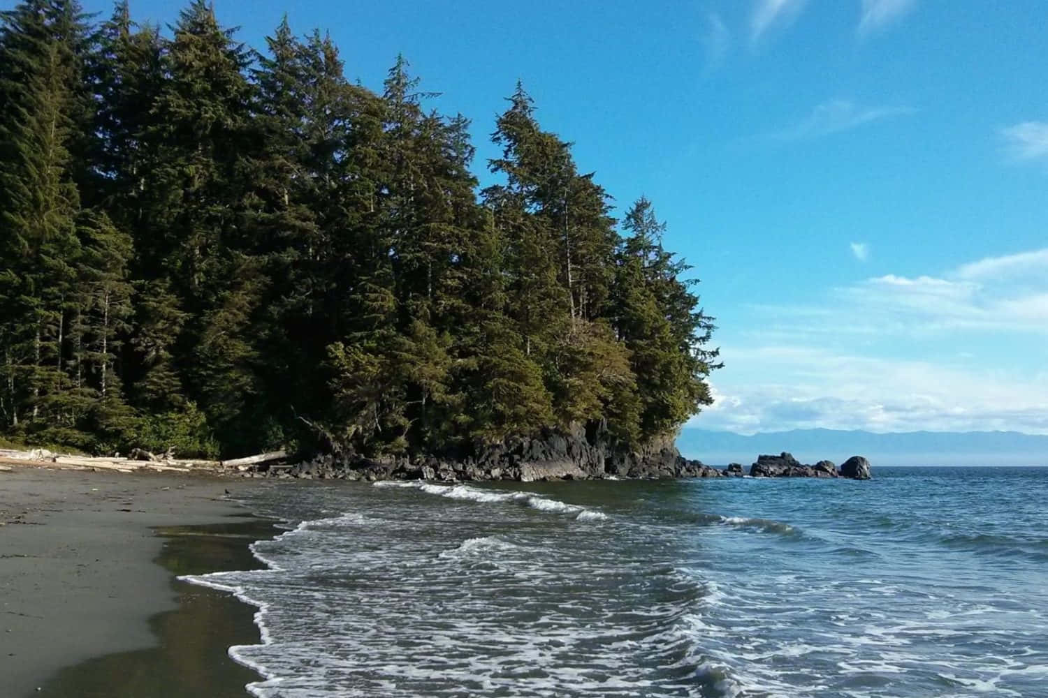 French Beach 桌布 壁紙 — 平靜的海浪拍打著被茂密常綠樹環繞的深色沙灘，天空清澈湛藍。