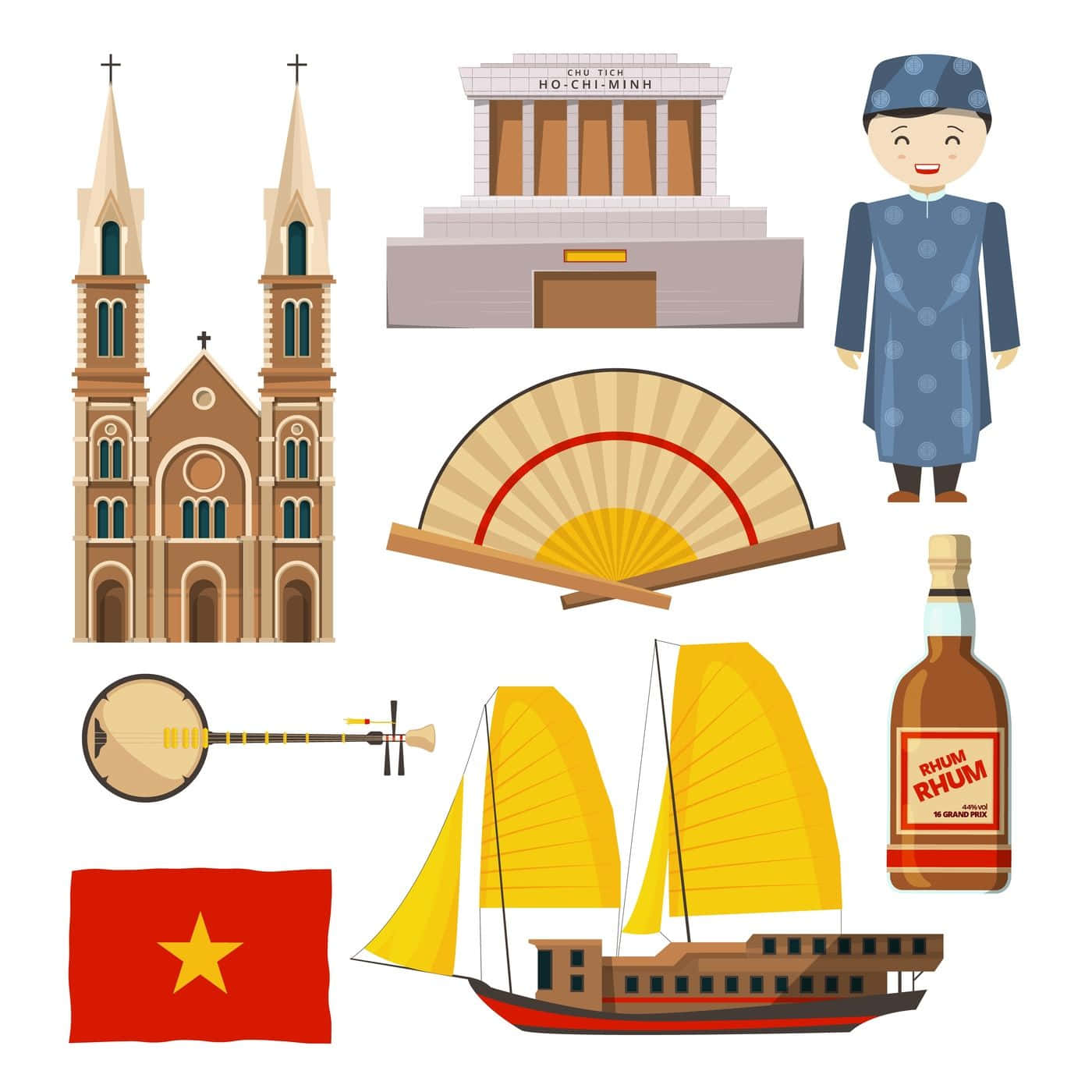 Vietnam 桌布 壁紙 — 平面向量圖示描繪越南文化，包含教堂扇船旗幟和傳統服飾。