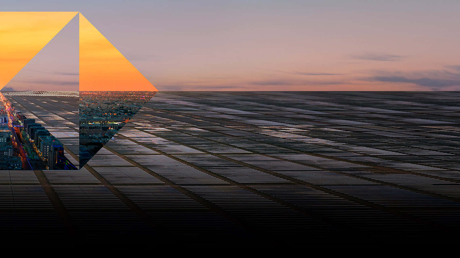 暮色中城市和太陽能板的景觀，被幾何形狀分隔