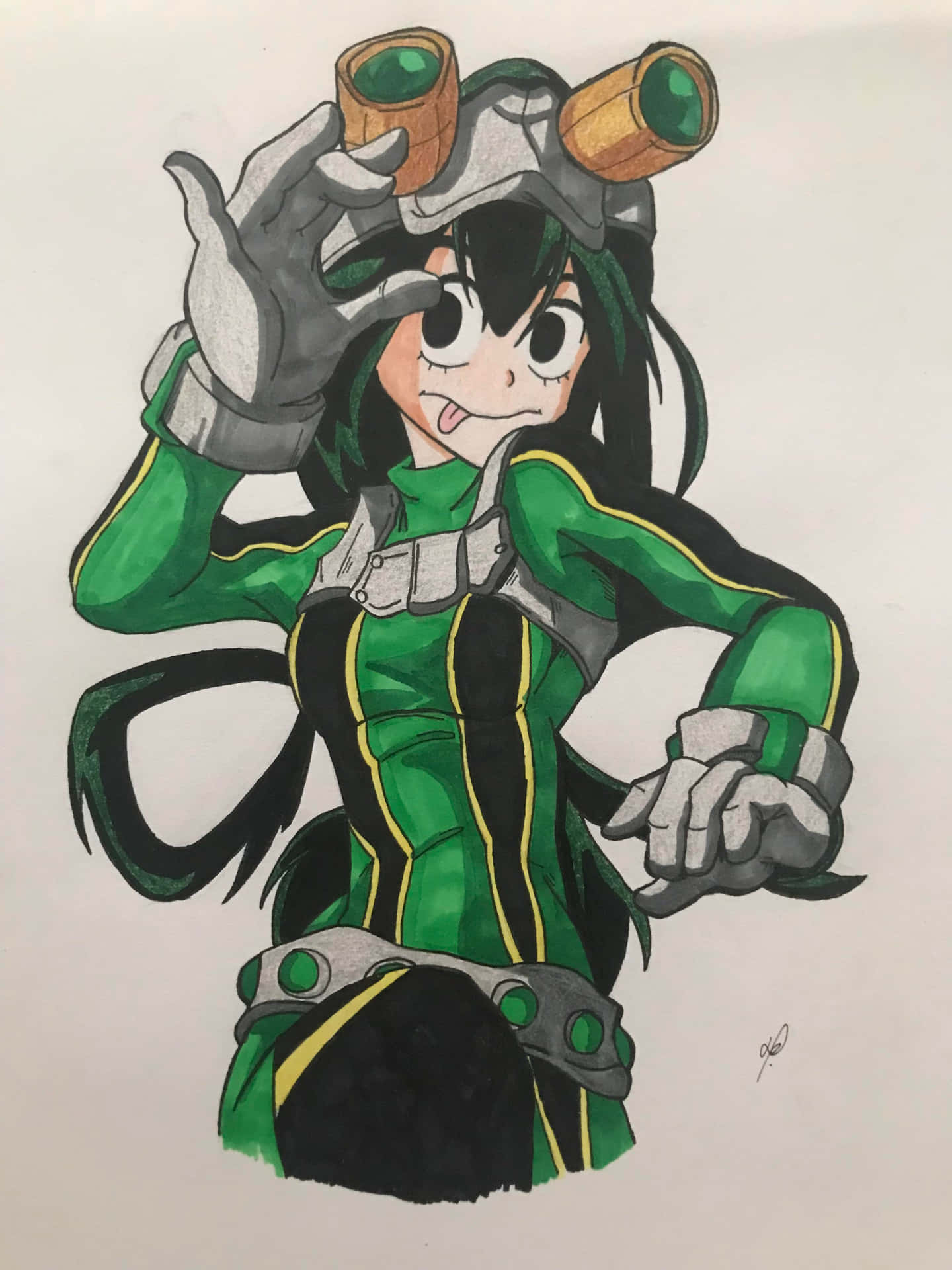 動畫女孩穿著綠色英雄服裝，拿著望遠鏡並伸出舌頭。
