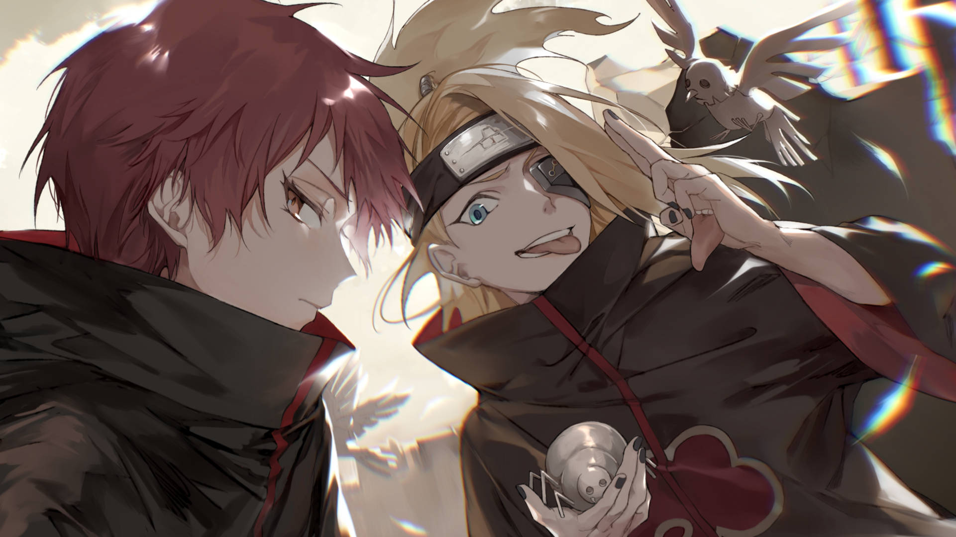 年輕 Sasori 與 Deidara 壁紙 — 兩個身穿曉組織斗篷的動漫角色以強烈的表情對峙，附近有一隻鳥在飛翔。
