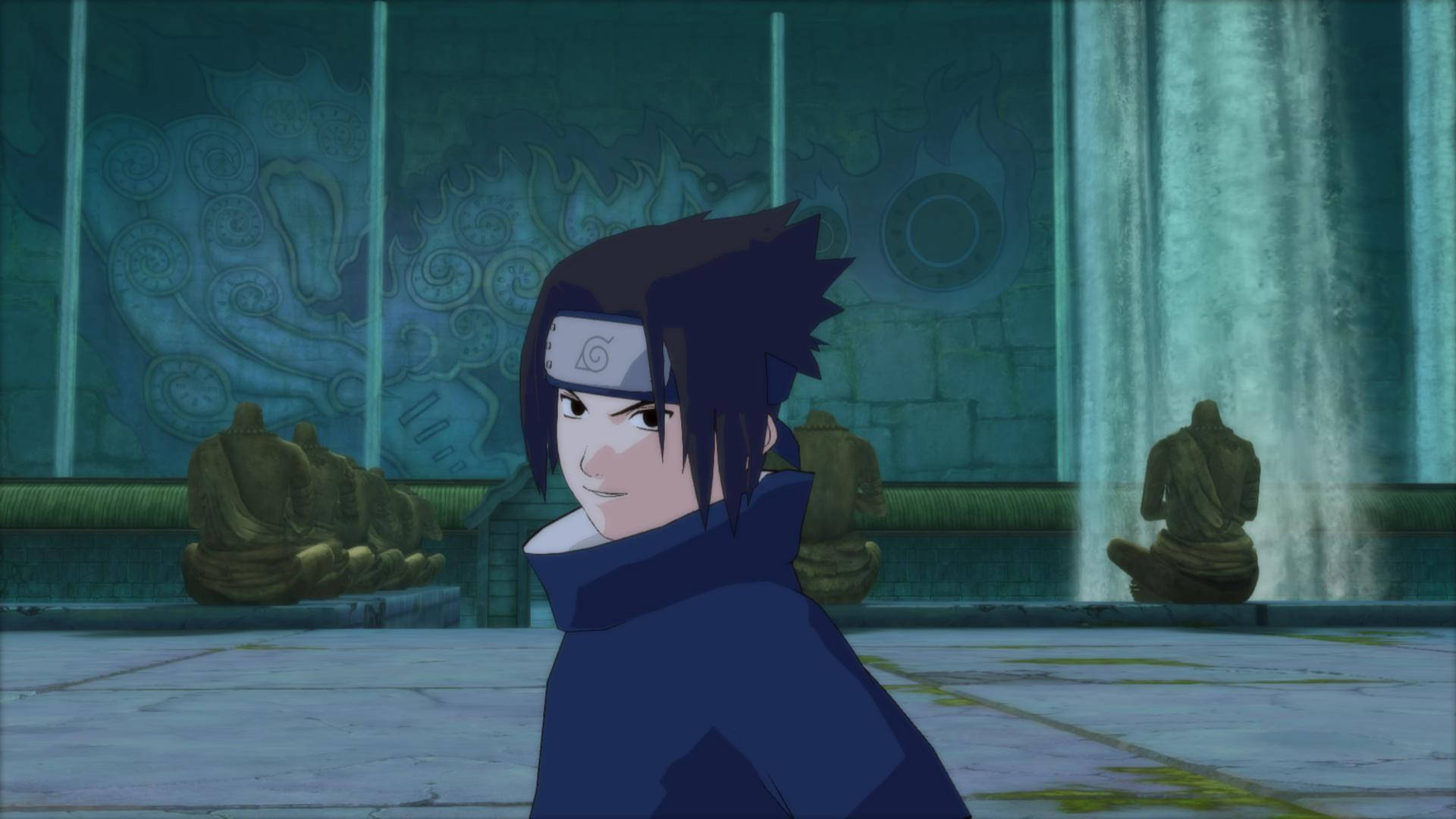 年輕 Sasuke 4K 壁紙 — 動漫角色，深色頭髮，戴頭帶，站在有石像和牆上發光藍色圖案的寺廟中。