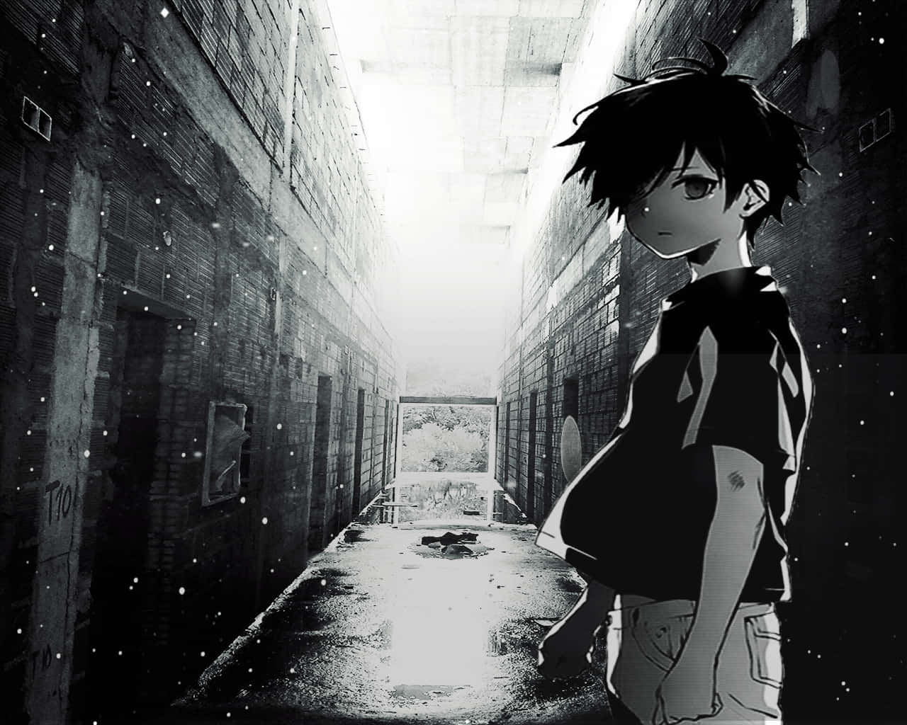 動漫男孩在黑暗小巷中，盡頭有光線照射