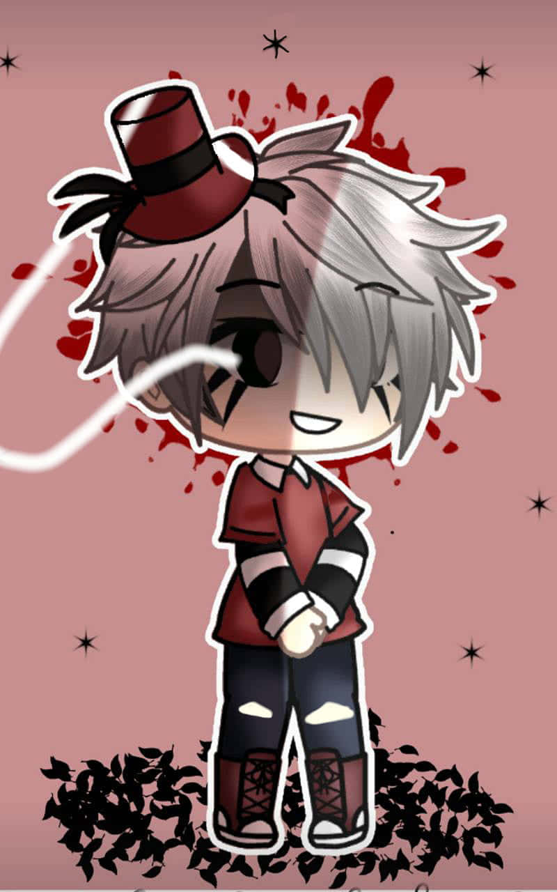 年輕動漫迷正在玩Gacha Life遊戲 壁紙 — 銀髮紅高帽的Q版動畫男孩站在粉紅背景中，周圍有黑色樹葉和紅色飛濺。