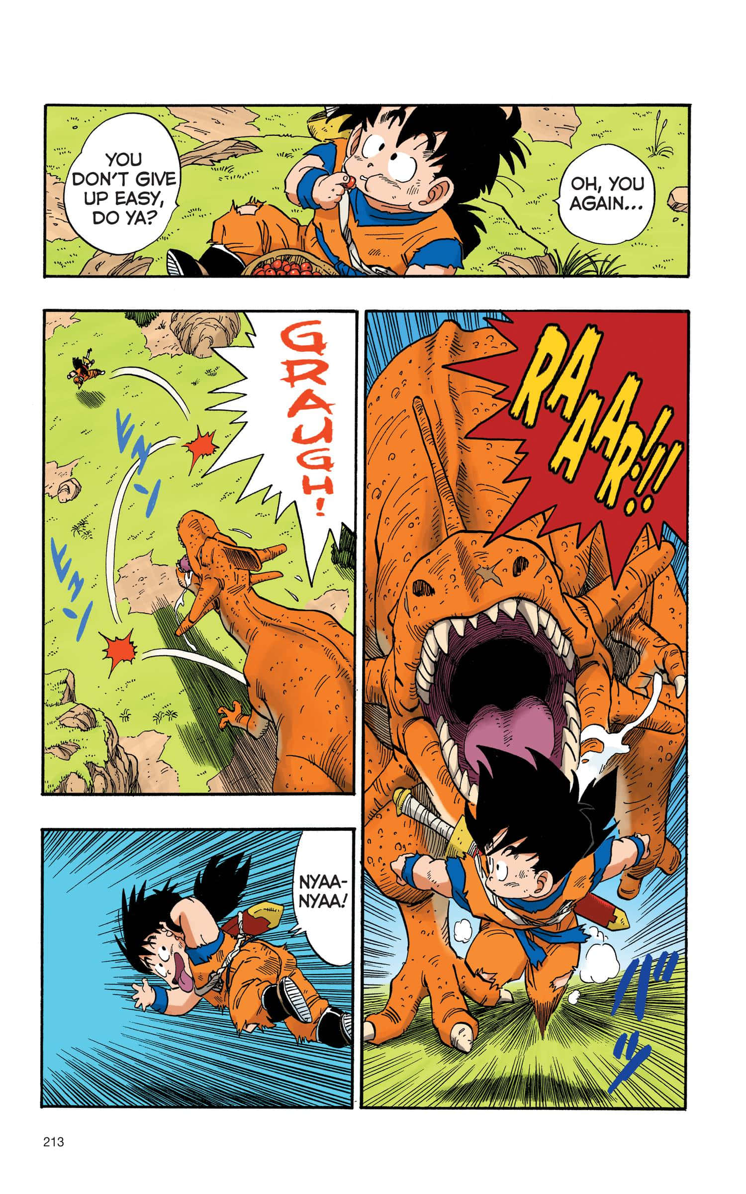 Dragon Ball Super Manga 桌布 壁紙 — 年輕嘅悟空喺一個有動態動作線同對話氣泡嘅漫畫格入面同一隻巨型橙色恐龍戰鬥。