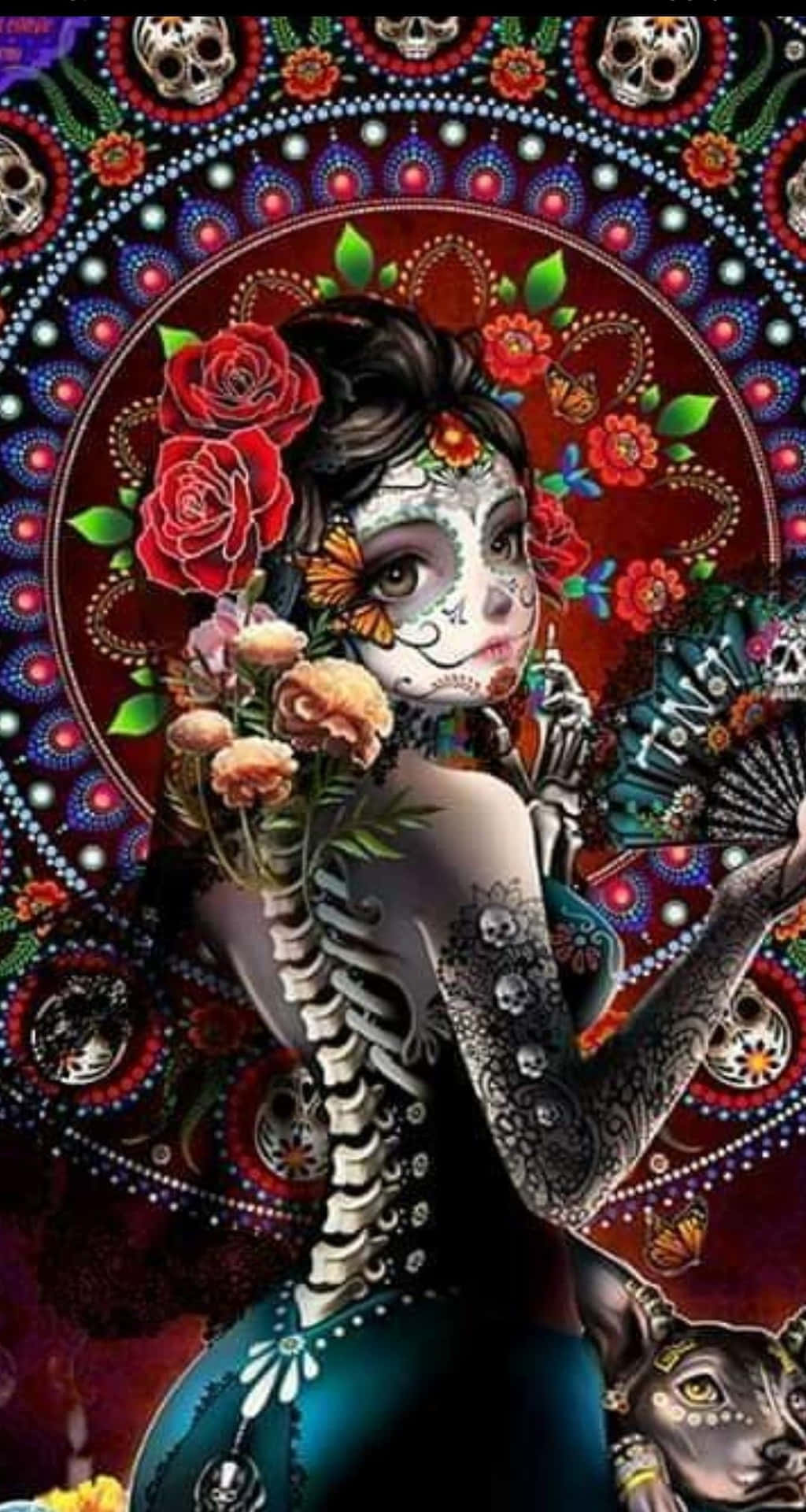 帶有糖骷髏妝容的女性，在華麗的圓形設計中手持玫瑰和扇子。 — 墨西哥 GIF 壁紙
