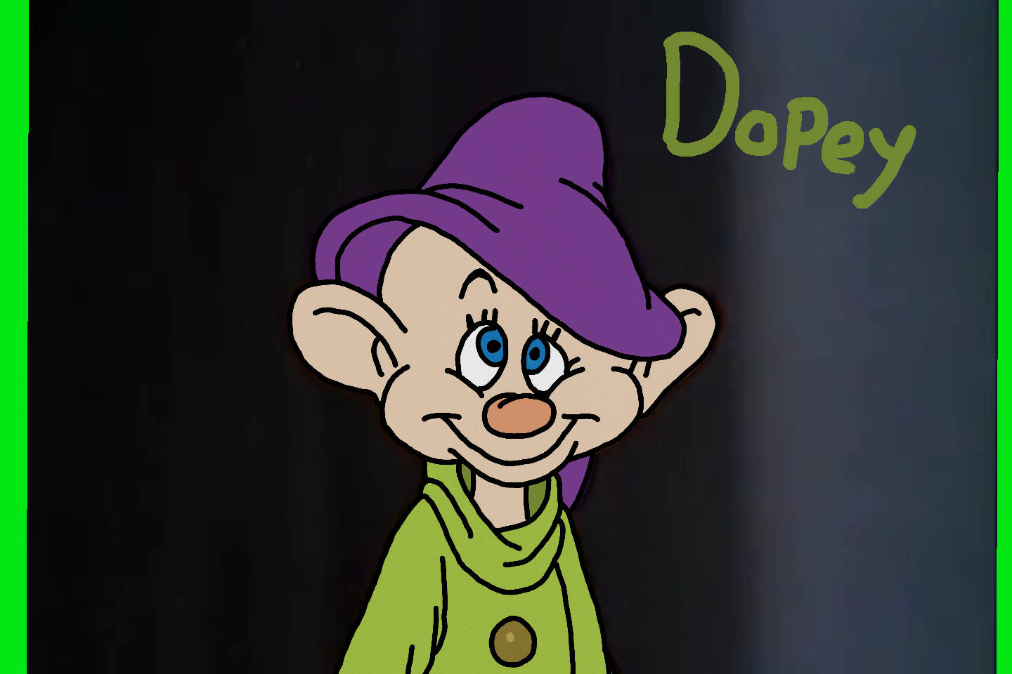 卡通小矮人角色 Dopey，戴著紫色帽子和綠色外套。