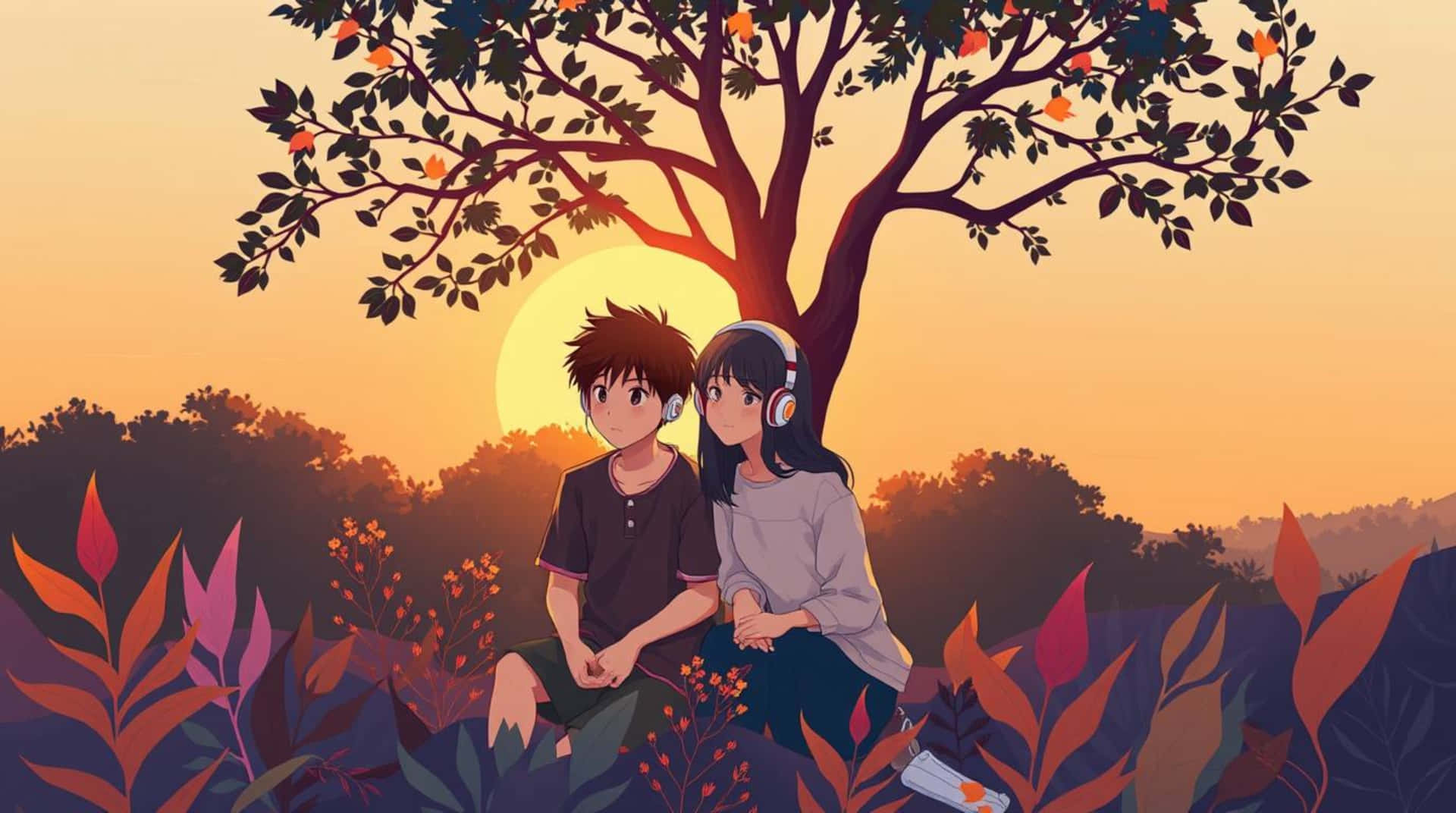 兩個動漫青少年坐在樹下，在色彩繽紛的夕陽中，周圍環繞著樹葉。