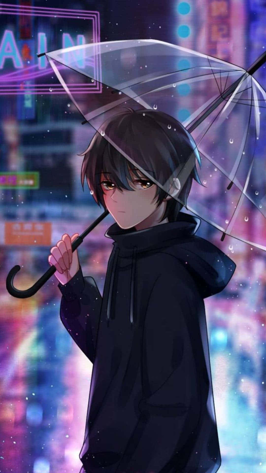 動漫男孩在雨夜霓虹城市中撐著透明雨傘