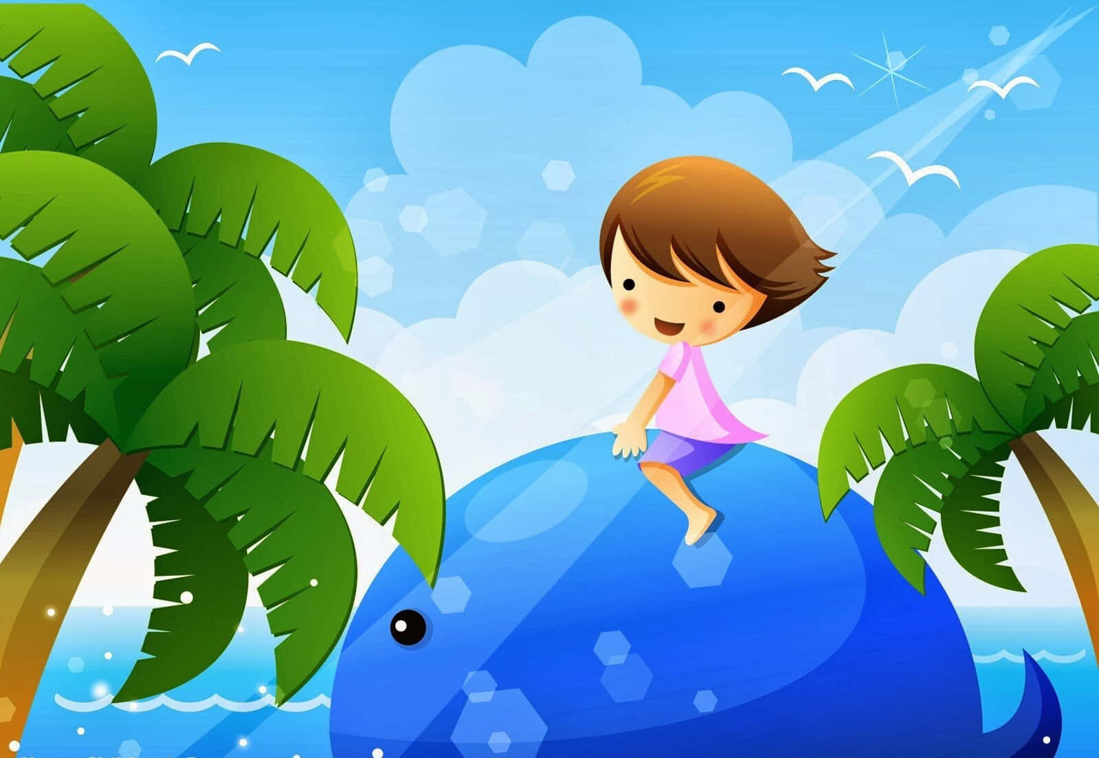 小孩騎著藍鯨，有棕櫚樹和海鷗的陽光熱帶場景。